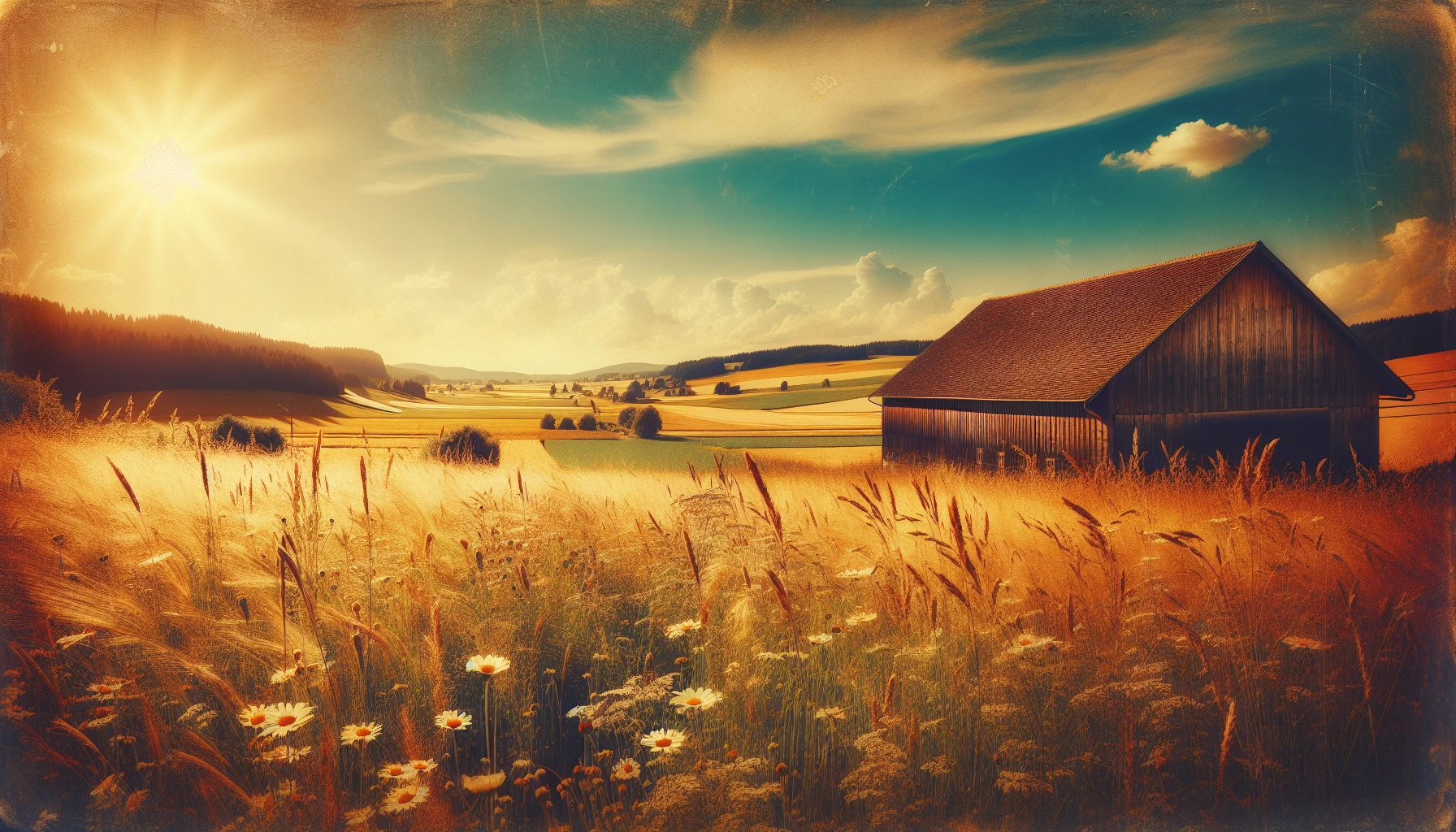 Envision a serene countryside scene bathed in a warm golden glow, where sun-kissed fields stretch endlessly beneath a vast blue sky. A rustic wooden barn, aged and charming, stands proudly among wildflowers dancing in the gentle breeze. The image, softened with a nostalgic vintage filter, transports the viewer to a simpler time, evoking memories of lazy summer afternoons and the beauty of nature’s untouched splendor.