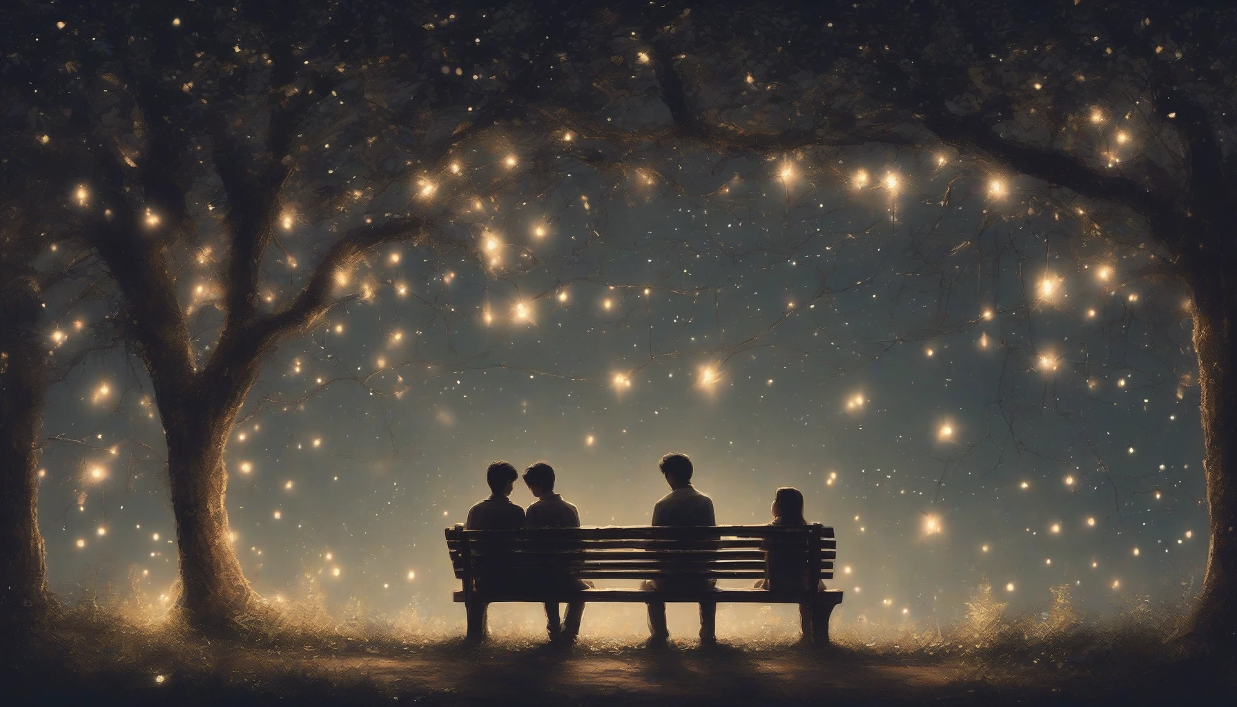 In a dimly lit park, two figures sit on a rustic bench, surrounded by a canopy of twinkling stars. As the moonlight bathes them, one figure leans in, heart racing, and whispers a heartfelt confession of love that shatters the silence. The warm glow of fairy lights wraps around them, reflecting the intensity of the moment. A gentle breeze rustles the leaves, heightening the emotion of this unexpected revelation.