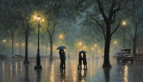 In a bustling city park, two figures embrace under a deluge, tears mingling with raindrops. Their faces, lit by dim streetlights, reflect a tumultuous blend of joy and sorrow. The surrounding trees, heavy with rain, create a natural canopy, while puddles shimmer beneath their feet. The atmosphere is charged with emotion, encapsulating the bittersweet essence of a long-awaited reunion, where every drop of rain feels like a shared memory.