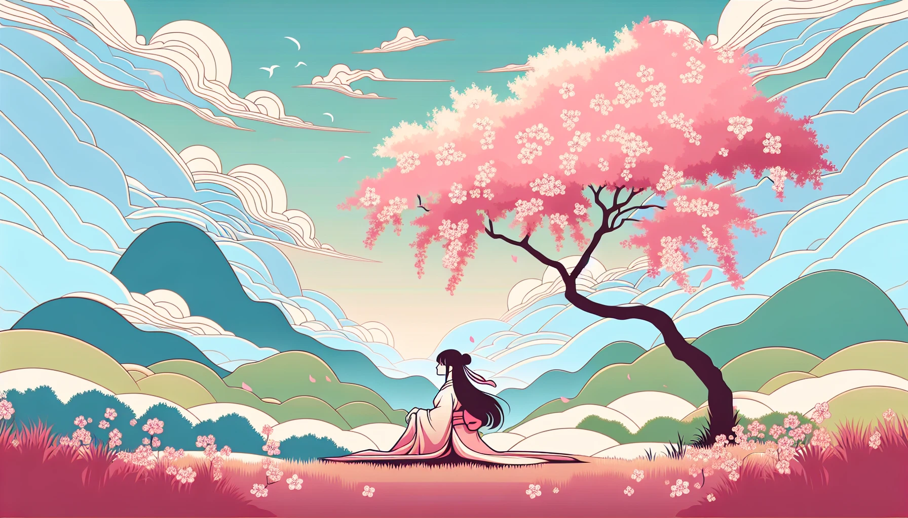 Visualize a serene scene featuring a young girl sitting under a blooming cherry blossom tree, surrounded by soft pastel colors. The girl, with simple lines and flat colors, wears a flowing kimono that complements the tranquil environment. The background is a gently rolling landscape, with stylized hills and clouds, all designed in a minimalist anime aesthetic. The overall composition evokes a sense of peace and harmony in nature.