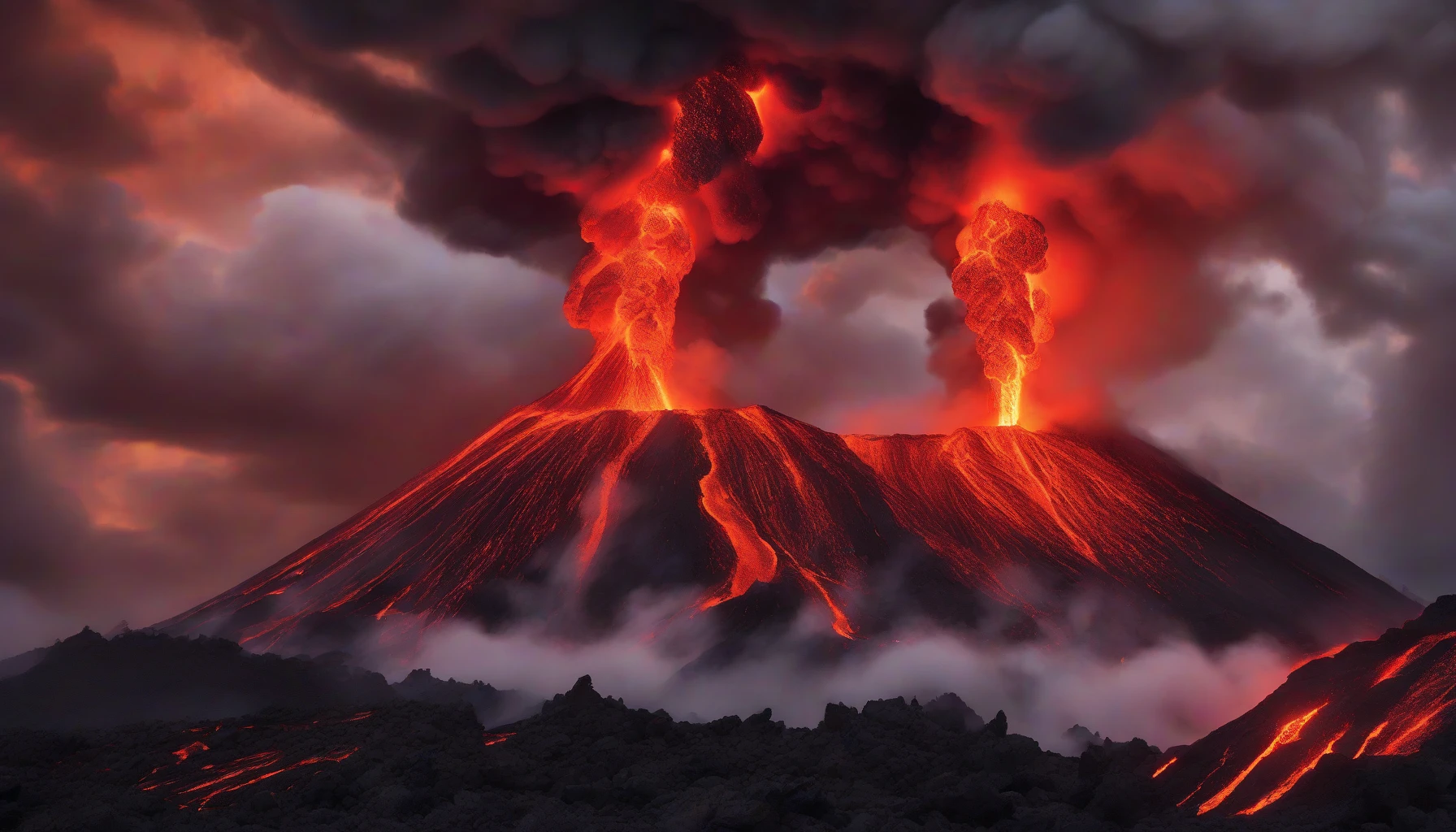 A breathtaking scene of a powerful volcano erupting, spewing vibrant red-orange lava that cascades down its rugged slopes. Thick, dark clouds of ash swirl ominously in the sky, illuminated by flashes of fiery lava. The ground beneath vibrates with energy, and glowing embers dance in the air, creating a surreal landscape where nature's raw power is on full display. The contrast of fire against the darkened earth captivates the eye.