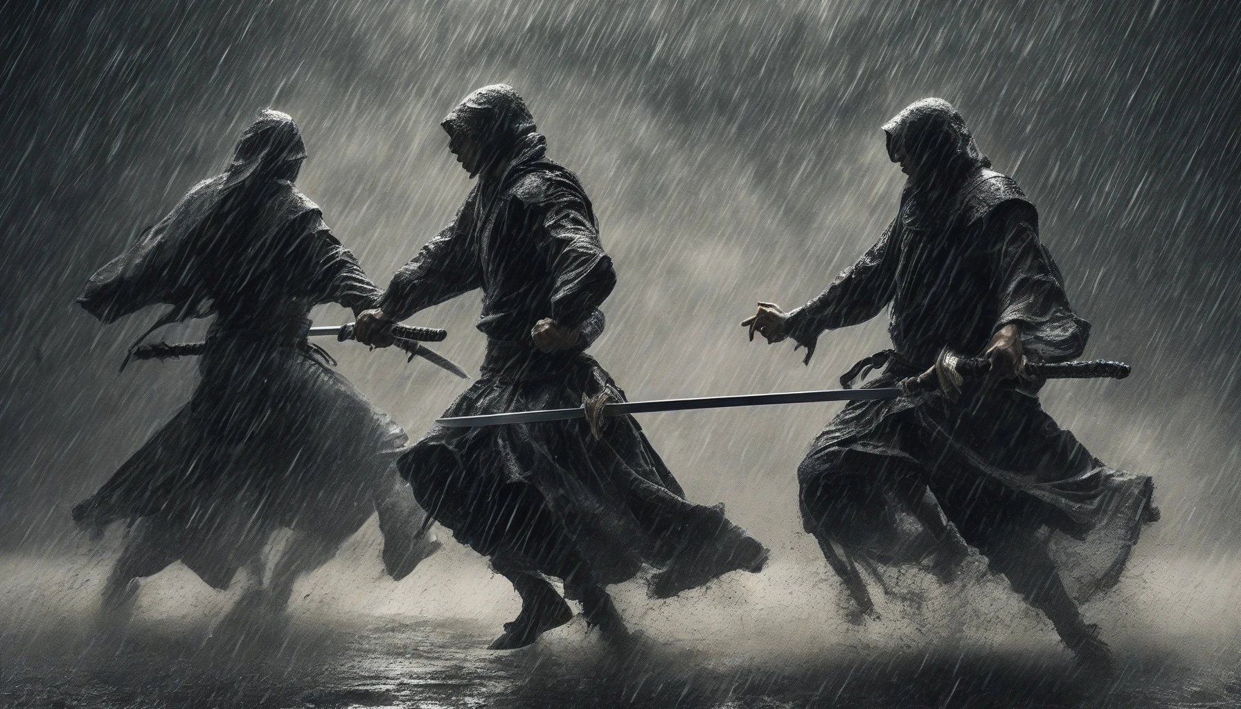 In a tempestuous downpour, two fierce swordsmen engage in an epic battle beneath dark, swirling clouds. Raindrops cascade around them like a curtain of silver, illuminating their fierce expressions. Each swing of their blades sends droplets flying, creating a stunning ballet of motion and intensity. The ground is slick with mud, but their resolve remains unyielding, making this duel one for the ages.