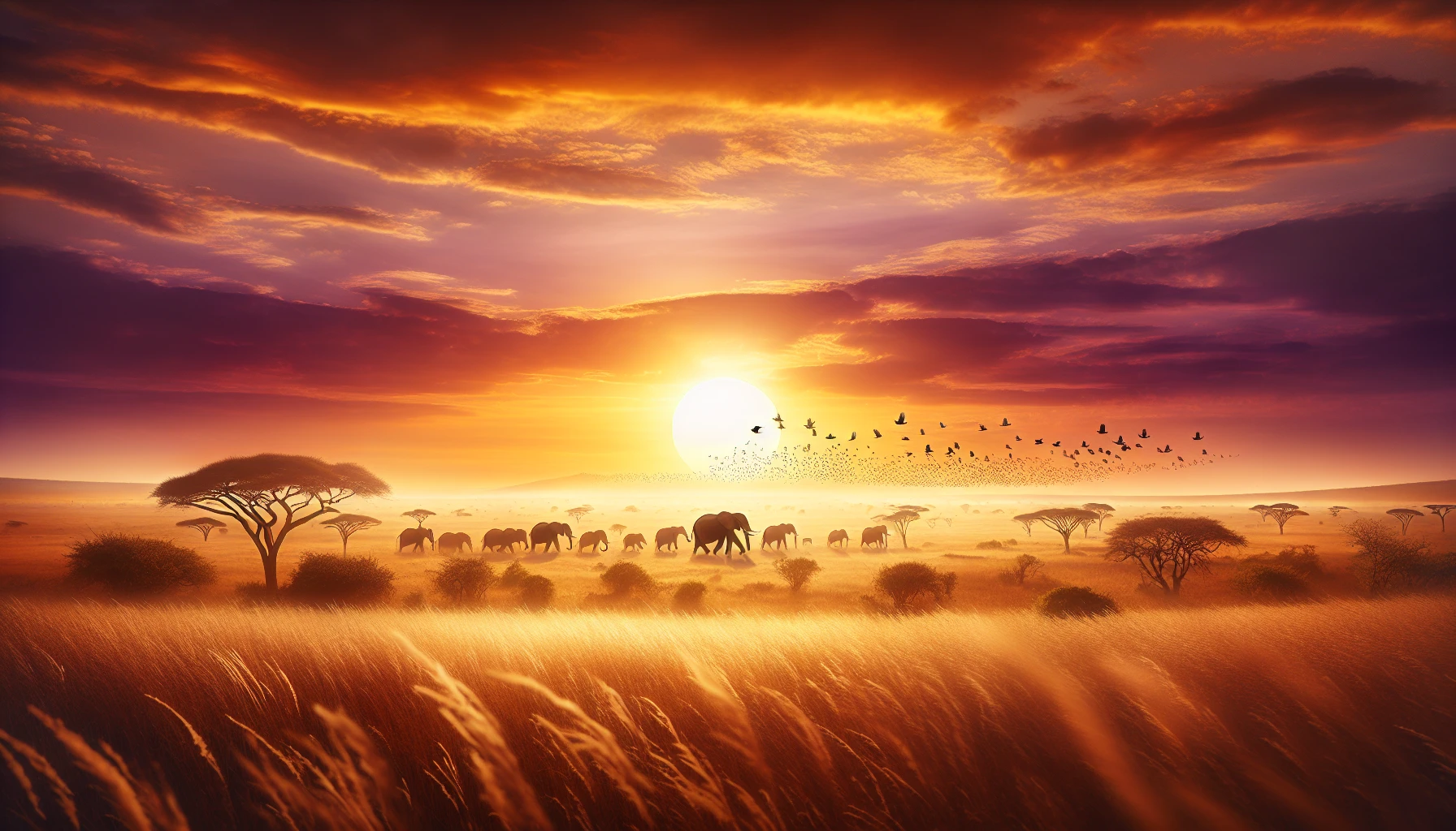 Imagine a vast, golden savannah beneath a breathtaking sunset, where tall grasses sway gently in the warm breeze. A group of majestic elephants strolls gracefully across the horizon, their silhouettes framed by vibrant hues of orange and purple sky. In the distance, acacia trees dot the landscape, while a flock of birds takes flight, adding a sense of movement to this serene, untouched wilderness.