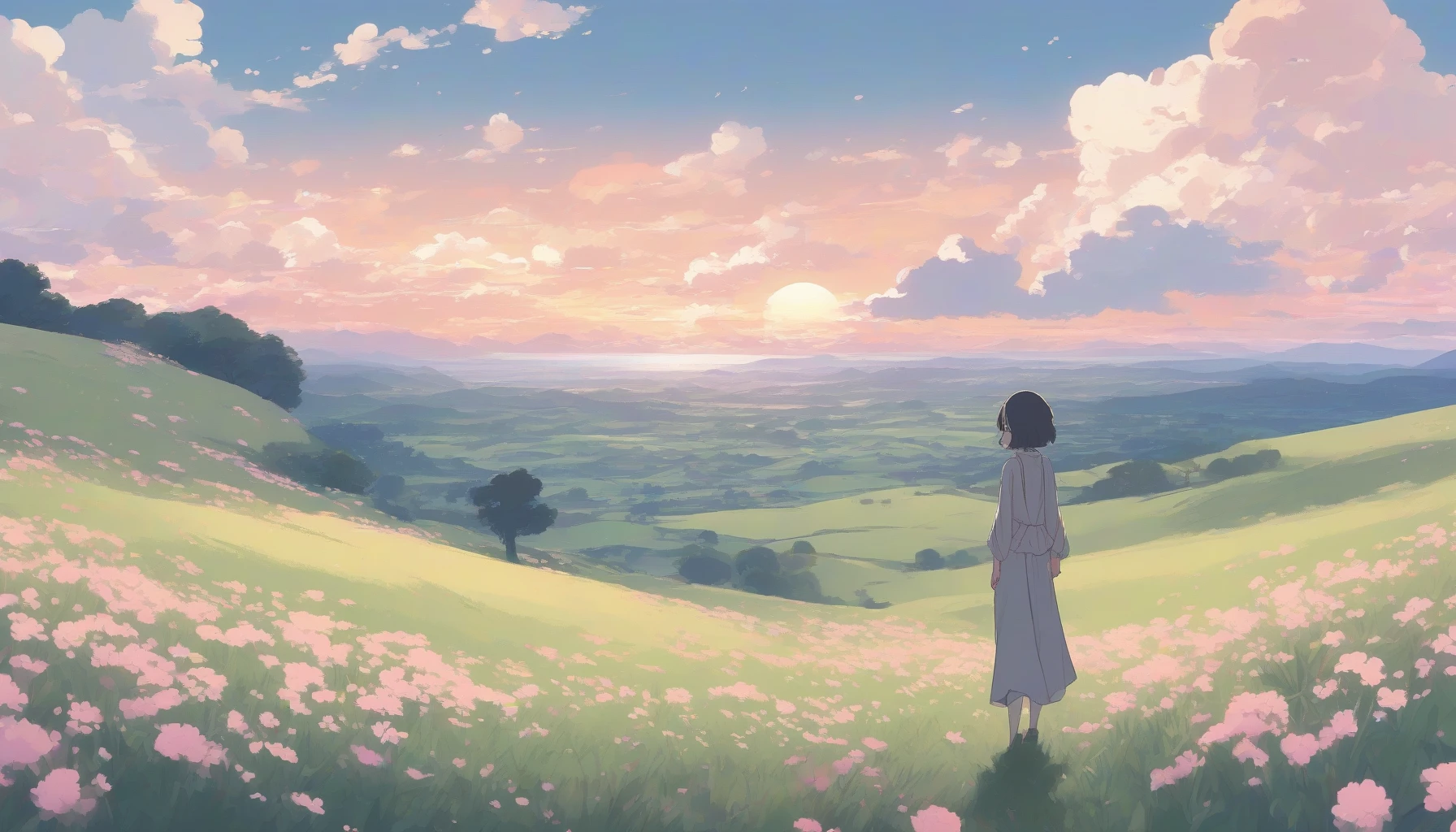 Imagine a serene scene featuring a minimalist anime character surrounded by a tranquil landscape. Utilize flat colors and clean lines to create a striking visual experience. The character, with large expressive eyes and simple attire, stands atop a gentle hill, with a pastel sunset in the background. Soft, stylized clouds drift lazily, while delicate flowers dot the foreground, inviting viewers into this peaceful world of simplicity and beauty.