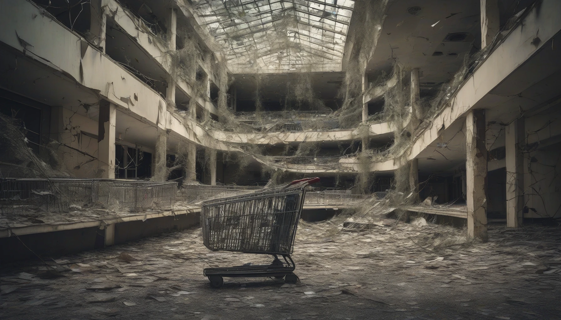 In a hauntingly beautiful scene, an abandoned mall stands silent, its once-vibrant storefronts cloaked in dust and shadows. Shattered glass sparkles like fractured stars amidst the debris, casting eerie reflections of a forgotten past. Overgrown vines creep through broken windows, while remnants of discarded shopping carts tell stories of hasty exits. The air is thick with nostalgia, as whispers of laughter fade into the stillness.