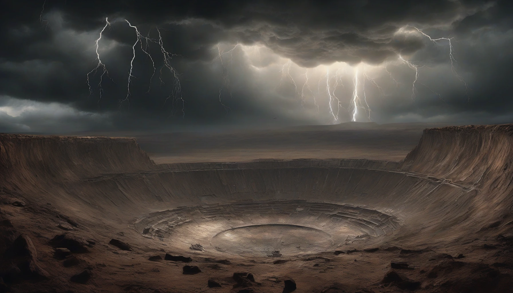 In a barren landscape, a massive bomb crater serves as the focal point, its jagged edges and steep walls casting deep shadows. Surrounding the crater are scattered remnants of war: rusted metal fragments and charred earth. Above, a stormy sky looms, with bolts of lightning illuminating the desolation below. The air is thick with tension, creating a haunting atmosphere reflective of the chaos that once reigned.