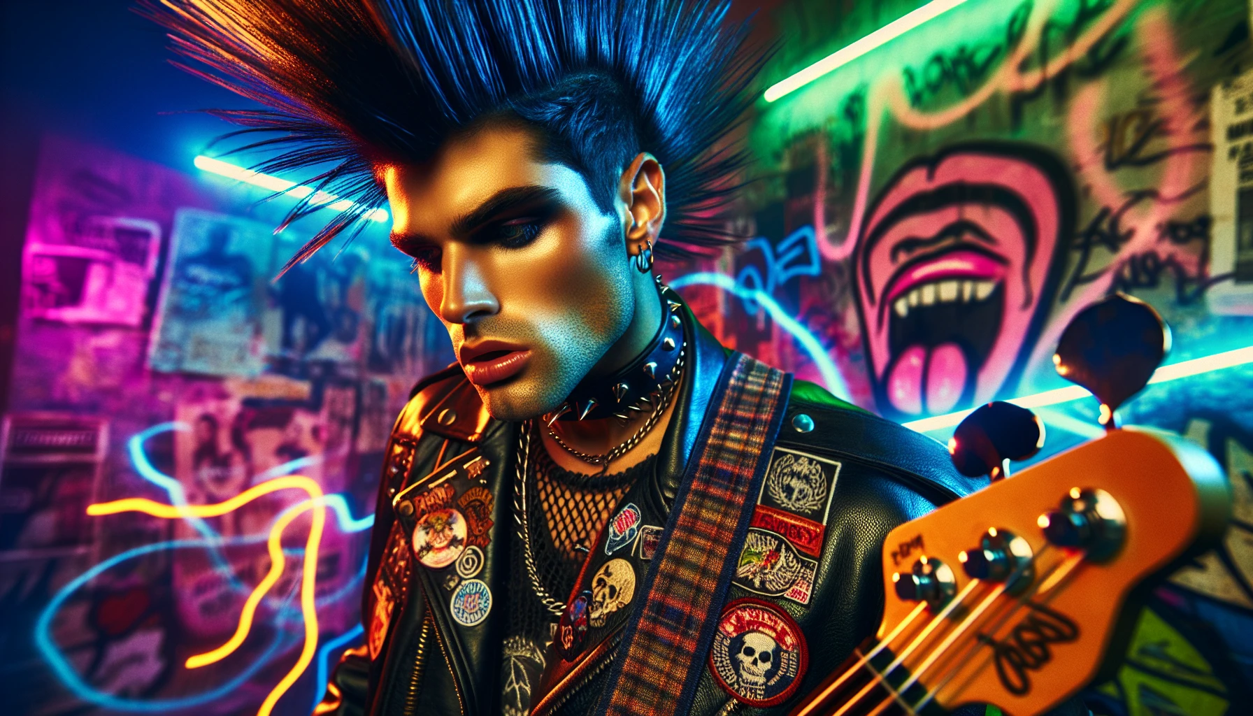 Capture an electrifying punk rocker with a striking spiked hairstyle, exuding rebellious energy. Clad in a leather jacket adorned with band patches, their fierce expression radiates confidence. The background pulses with vibrant graffiti art, while neon lights flicker, reflecting off metallic accessories. A bass guitar slung over their shoulder completes the scene, embodying the spirit of defiance and individuality in a chaotic urban landscape.