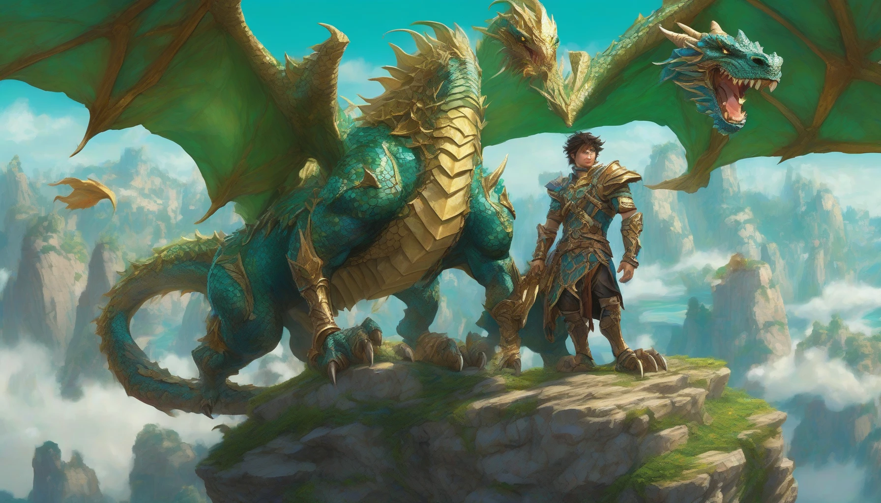 In a vibrant fantasy world, a skilled beast tamer stands confidently atop a rocky outcrop, his loyal dragon companion soaring playfully in the azure sky above. The tamer, adorned in rugged, leather armor detailed with intricate symbols, gazes proudly at his majestic dragon, whose scales shimmer in hues of emerald and gold. Below, a lush valley teems with mythical creatures, echoing the unbreakable bond between man and beast.