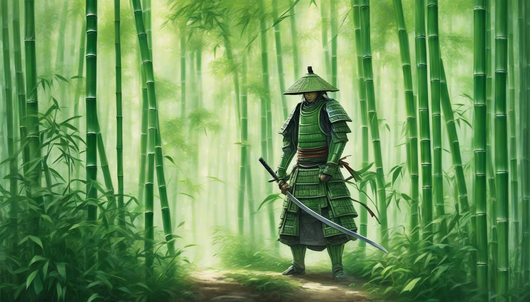 In a tranquil bamboo forest, a lone samurai stands poised, clad in intricate armor that reflects the light filtering through the lush foliage. The verdant green bamboo stalks sway gently in the breeze, framing the warrior with their towering presence. Soft rays of sunlight illuminate the delicate patterns on his armor, while a subtle mist adds an air of mystery, merging history with nature in perfect harmony.