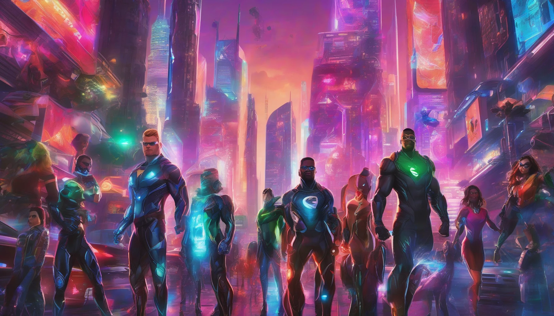 In a dazzling, neon-lit futuristic city, a diverse team of superheroes stands united against an impending threat. Each hero, adorned in sleek, high-tech suits, showcases unique powers amidst a skyline of towering holographic advertisements and flying vehicles. The vibrant glow of the city reflects off their determined faces, as they prepare to protect their home from a sinister villain lurking in the shadows.