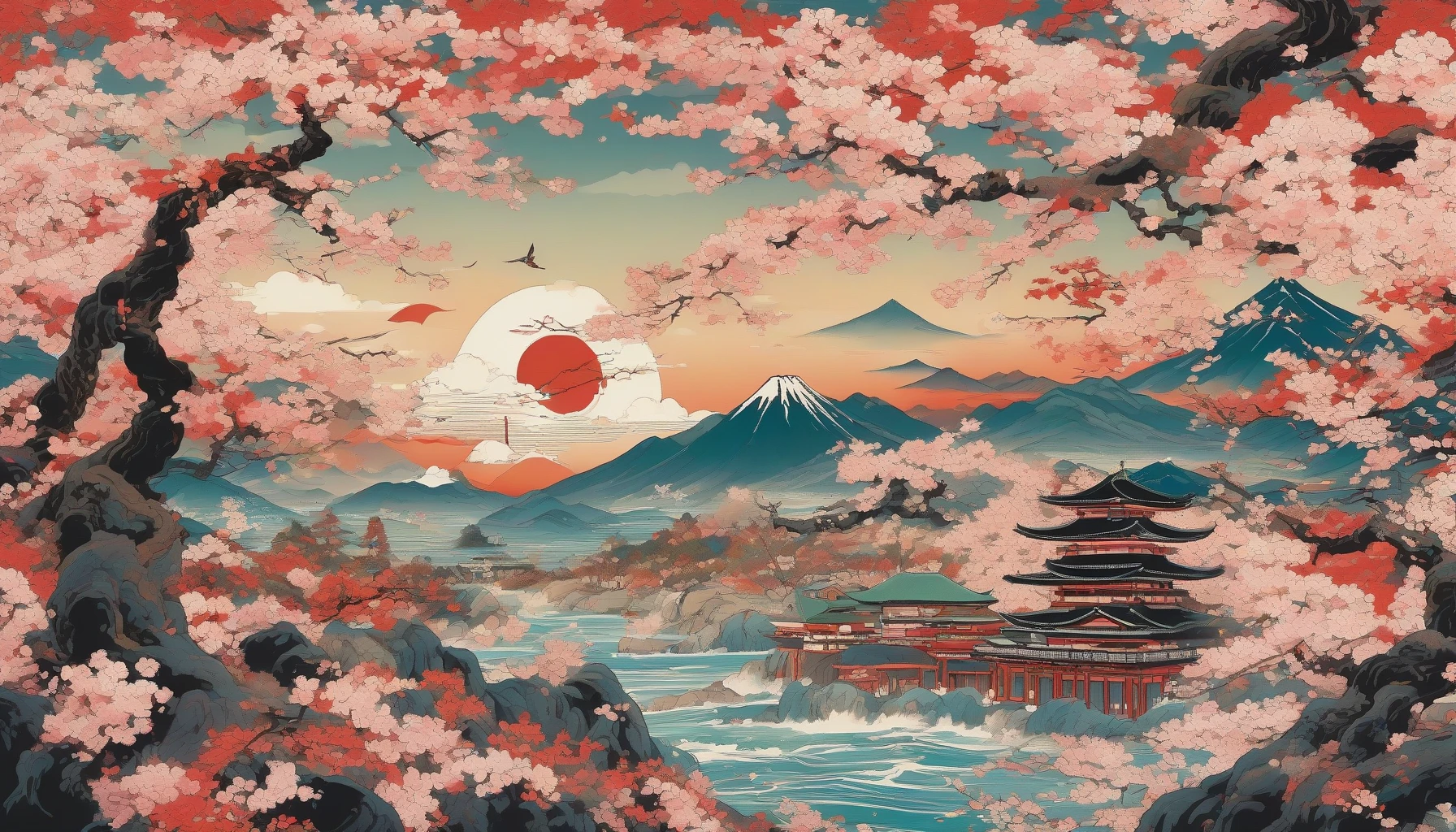 Imagine a breathtaking scene blending traditional Japanese ukiyo-e aesthetics with modern anime flair. Majestic cherry blossom trees sway gently in a serene landscape, while elegantly dressed samurais and spirited characters dance across the canvas. Vivid colors and intricate patterns intertwine, creating a mesmerizing tapestry of culture and artistry. Waves crash against a distant shore, symbolizing the eternal clash of tradition and innovation in this visual masterpiece.