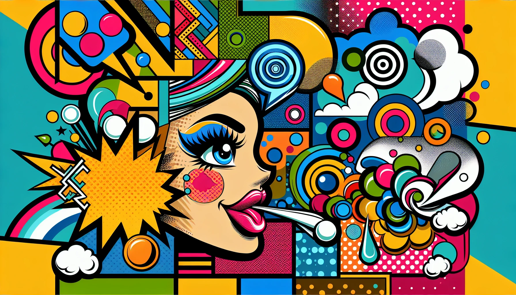 Create a vibrant pop art piece featuring an oversized comic-style character, surrounded by bold, bright colors and graphic patterns. The character, with expressive features and exaggerated proportions, should evoke a sense of whimsy and playfulness. Incorporate iconic symbols of popular culture, such as speech bubbles or stylized objects, to create a dynamic composition that celebrates the essence of pop art in a contemporary context.