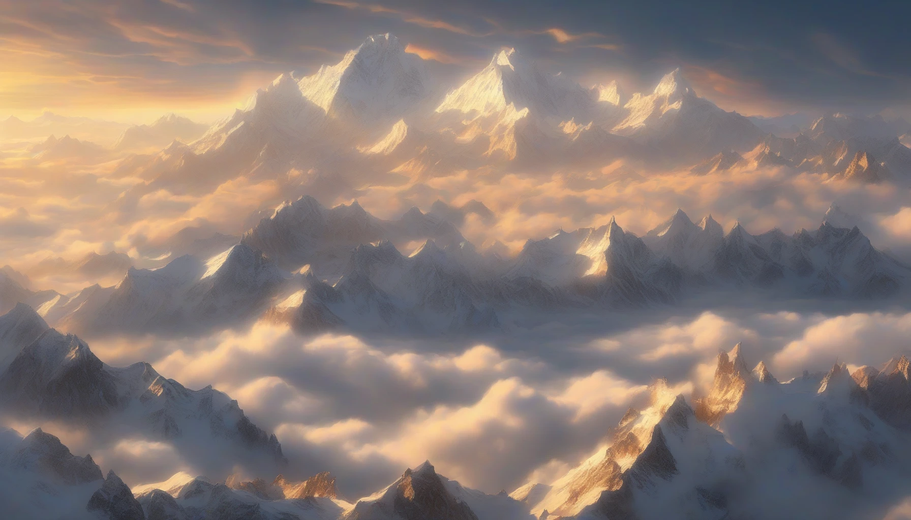 Imagine a breathtaking vista where a majestic mountain peak rises dramatically above a sea of fluffy white clouds. The sun sets in the background, casting golden hues that illuminate the rugged terrain, while soft shadows dance across the slopes. The clouds below resemble an ocean of cotton, creating a surreal contrast against the sharp edges of the mountain. This ethereal scene evokes a sense of wonder and tranquility, inviting viewers to lose themselves in its beauty.