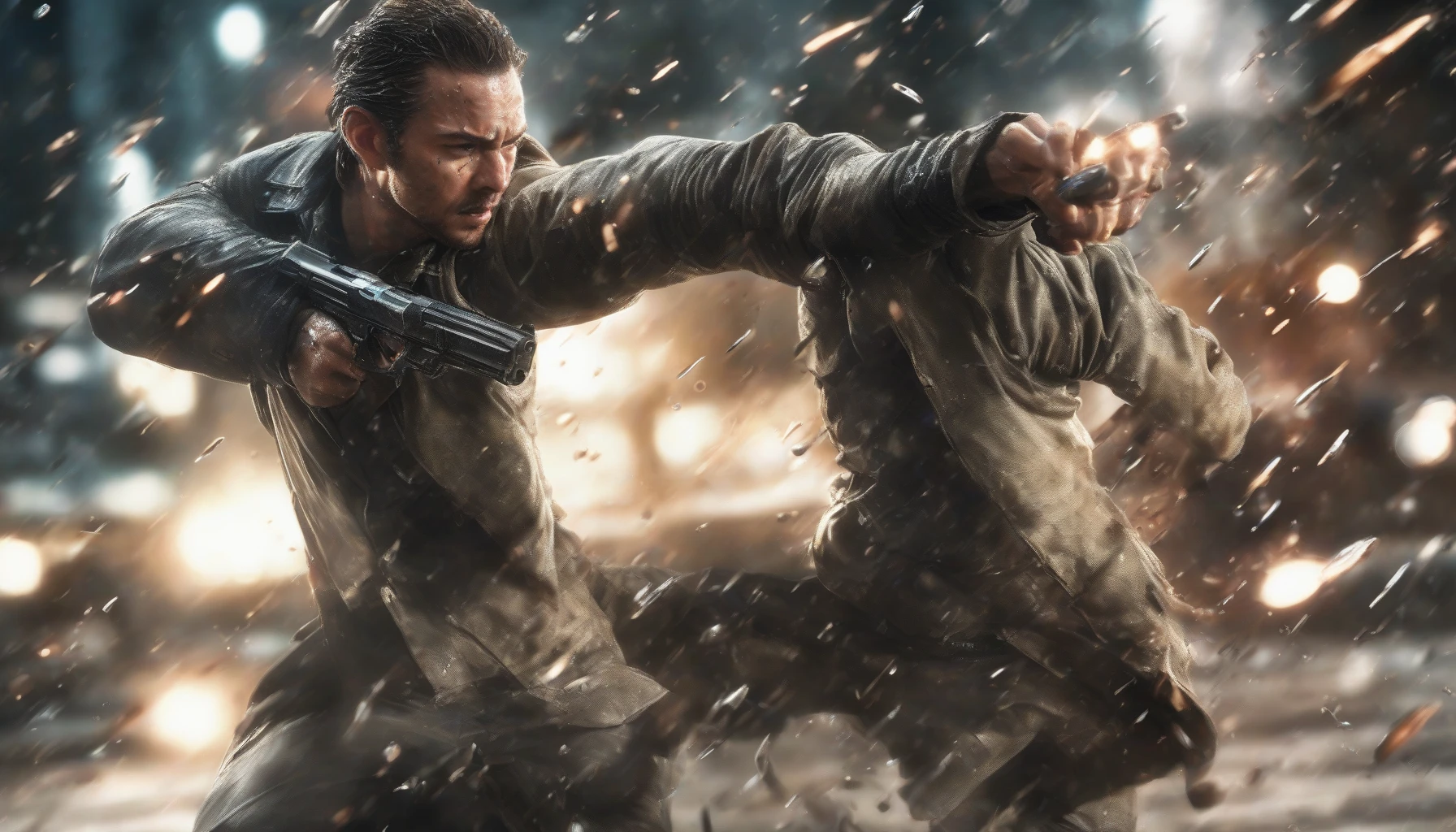 A dynamic scene unfolds as a heroic character bends gracefully backward, dodging a bullet in a stunning slow-motion moment. The air ripples with tension, droplets of sweat glisten on their forehead, and the meticulous detail of the bullet can be seen as it whizzes past. The blurred background contrasts with the sharp focus on the character, emphasizing their agility and determination in this heart-stopping escape.