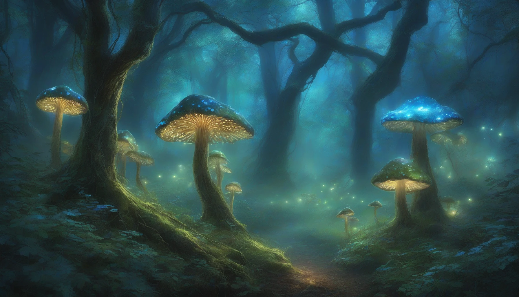 Immerse yourself in a mystical forest where towering trees are shrouded in ethereal mist. Bioluminescent mushrooms illuminate the underbrush in hues of blue and green, casting a magical glow that dances across the damp earth. Wisps of fairy light weave through the branches above, while soft whispers of wind carry the secrets of the woodland. Nature's enchantment awakens your imagination in this dreamlike realm.