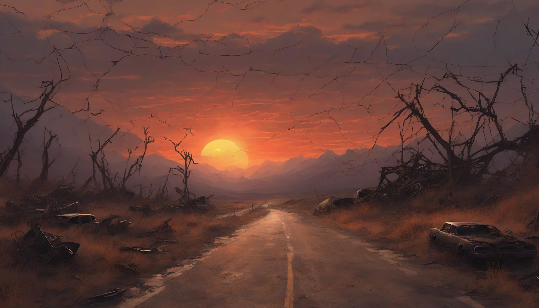 A haunting scene unfolds in a barren wasteland, where cracked, broken highways stretch infinitely under a darkening sky. Jagged mountains loom in the distance, silhouetted against the fiery hues of a setting sun. Scattered remnants of abandoned vehicles punctuate the landscape, entwined in a web of twisted vegetation. The air shimmers with an eerie stillness, whispering stories of the past lost to time, creating an atmosphere of desolation and longing.