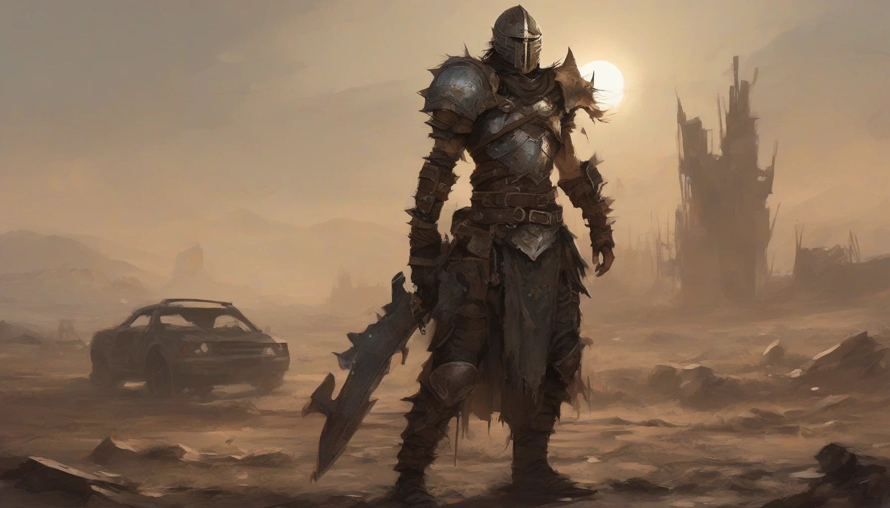 In a desolate landscape, a fierce warrior stands, clad in tattered leather and scavenged armor, a fierce glare piercing through dust and debris. Clutched in one hand is a formidable makeshift weapon, a blend of rusted metal and reclaimed materials, while the other holds a shield pieced together from car parts. Behind them, a sun sets, casting an orange glow over crumbling buildings, hinting at the struggles and triumphs of survival.