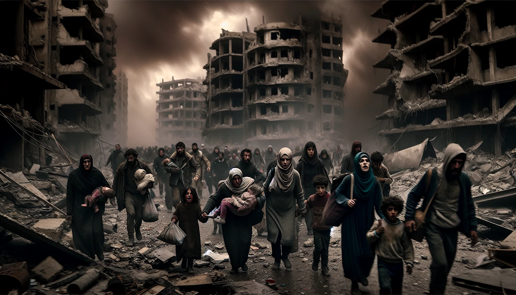 In a hauntingly poignant scene, desperate civilian refugees emerge from the crumbling remnants of a once-vibrant city. Their faces reflect fear and determination as they navigate through the rubble, carrying meager belongings. Charred buildings loom overhead against a smoky, overcast sky, while flickers of hope glimmer in their weary eyes. The atmosphere is drenched in emotion, capturing the stark reality of survival amidst chaos and loss.