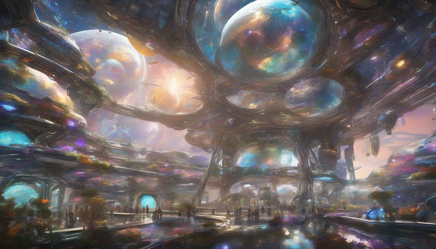 A breathtaking scene unfolds within a colossal space station, where a gleaming spaceship, adorned with intricate designs, is securely docked. Surrounding it, transparent domes showcase vibrant ecosystems thriving under artificial suns. The sleek metallic structures of the station reflect distant stars, while astronauts float gracefully, busy with their tasks. A cascade of colors from the nebula outside enhances the grandeur, making this ethereal vista a true marvel of futuristic engineering.