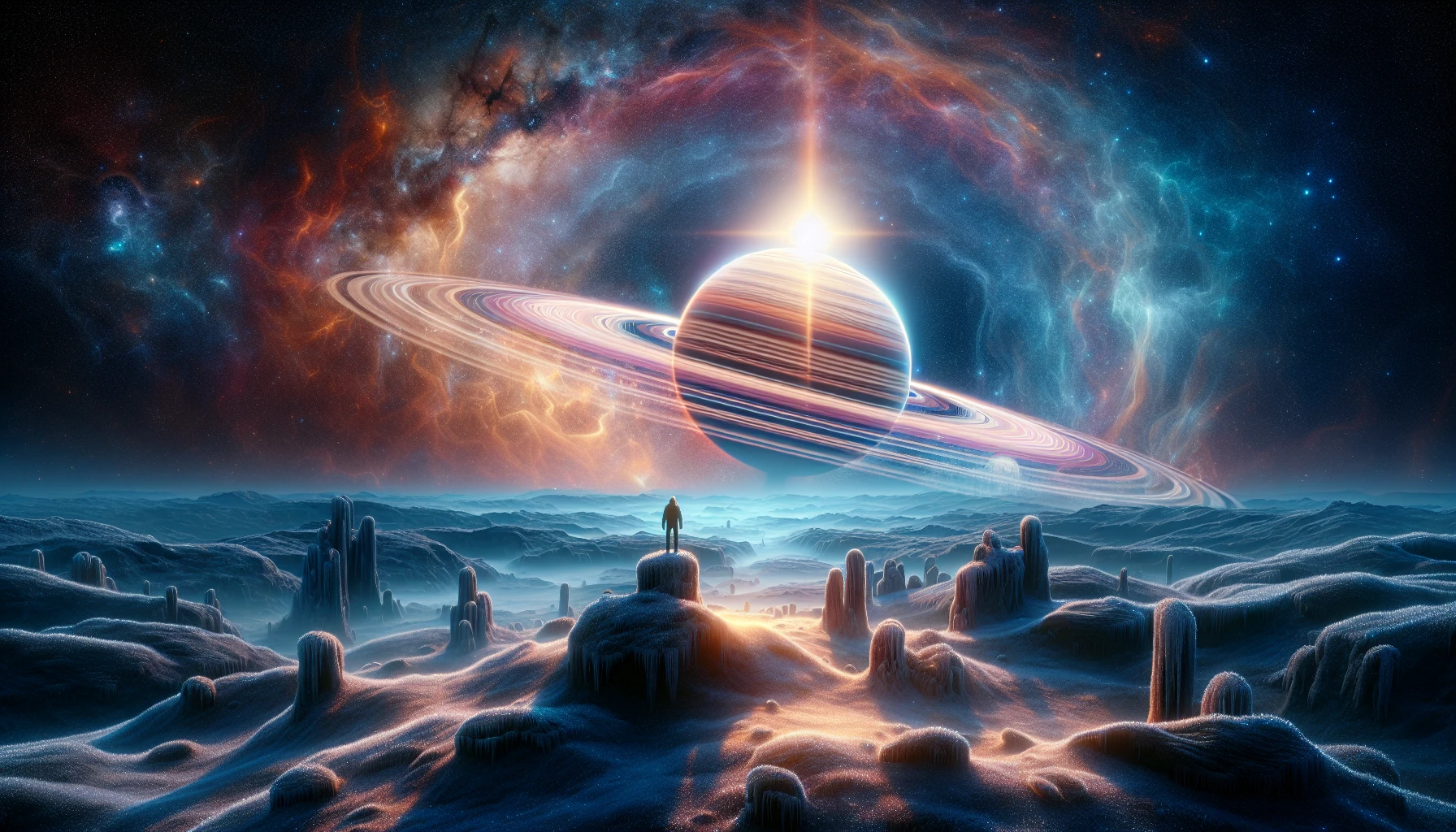 Imagine standing on the icy surface of a moon, bathed in an ethereal glow from a massive ringed gas giant that dominates the night sky. Its vibrant bands of color swirl in mesmerizing patterns, casting intricate shadows across the rugged terrain. Surrounding rocky outcrops glisten with frost while distant stars twinkle, creating a breathtaking panorama that captures the awe of the universe.