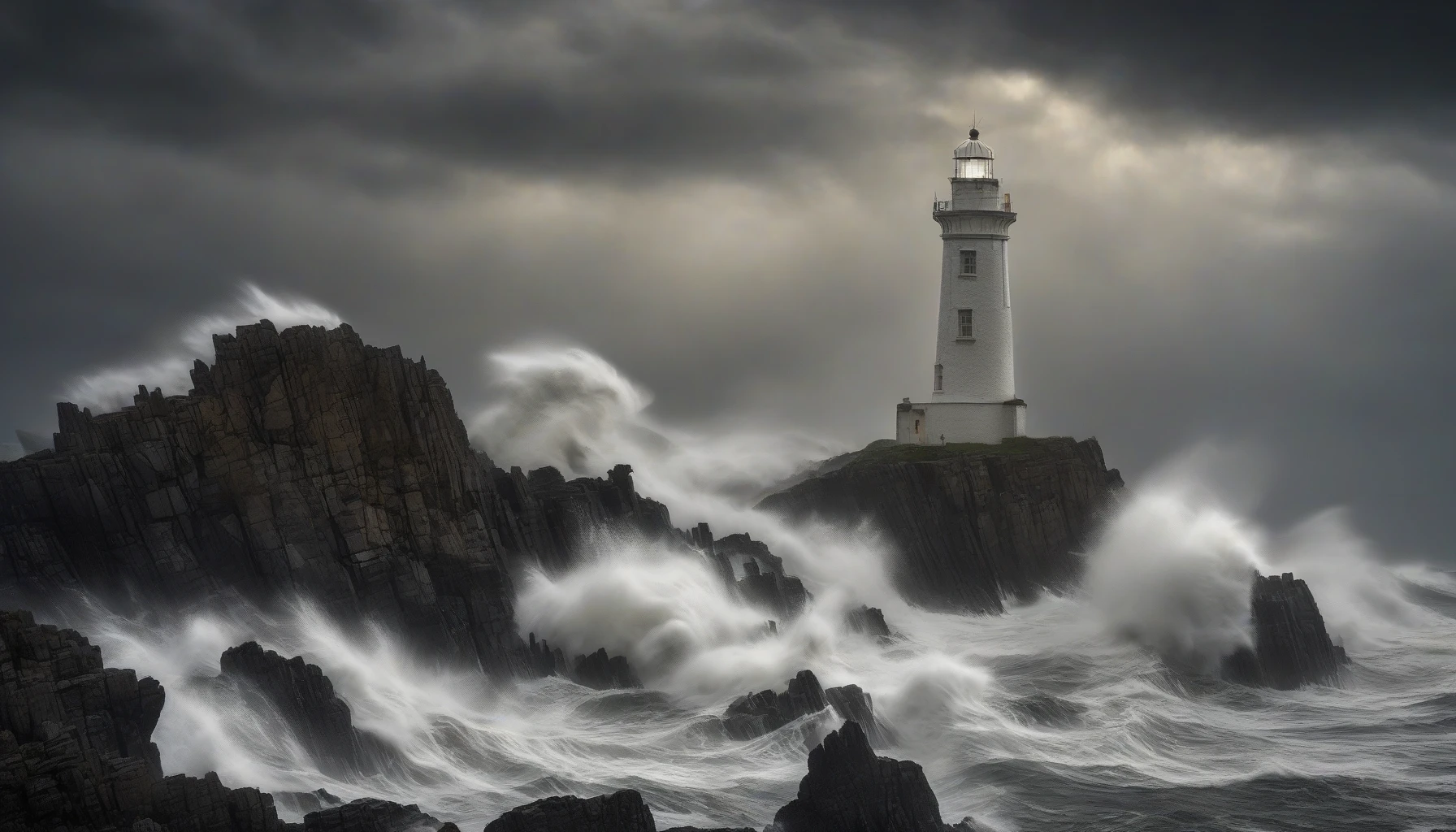 A dramatic seaside scene unfolds as towering waves crash violently against jagged rocks, their white foam sparkling under a brooding sky. A solitary lighthouse stands resilient in the distance, its light cutting through the swirling mist and rain, guiding weary sailors home. Dark clouds loom overhead, creating a stark contrast with the lighthouse's warm glow, evoking a sense of hope amidst nature's chaos.