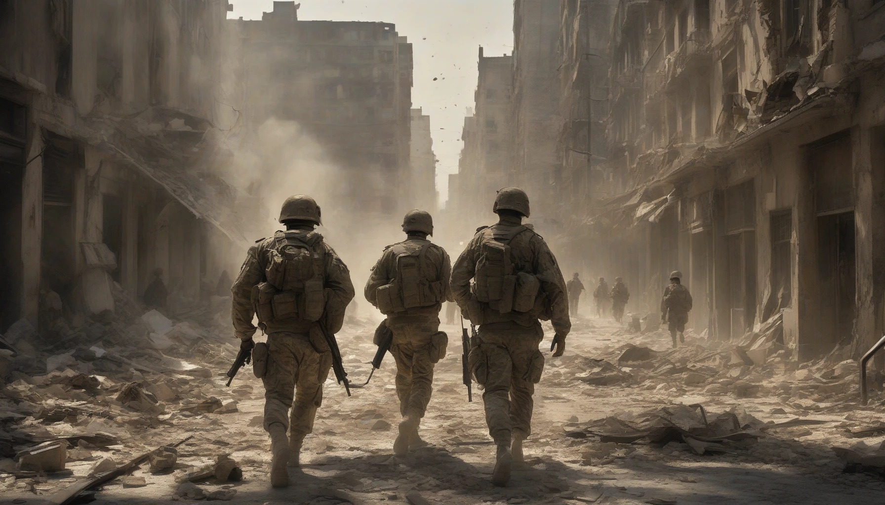 In a desolate urban landscape, soldiers clad in tattered uniforms advance through the debris-strewn street. Their faces, hardened by conflict, reflect determination against the backdrop of crumbling buildings and shattered glass. Dust swirls in the air, illuminated by the fading sunlight that casts long shadows. The echoes of distant explosions resonate, creating an atmosphere charged with tension and resilience, embodying the spirit of survival amidst chaos.