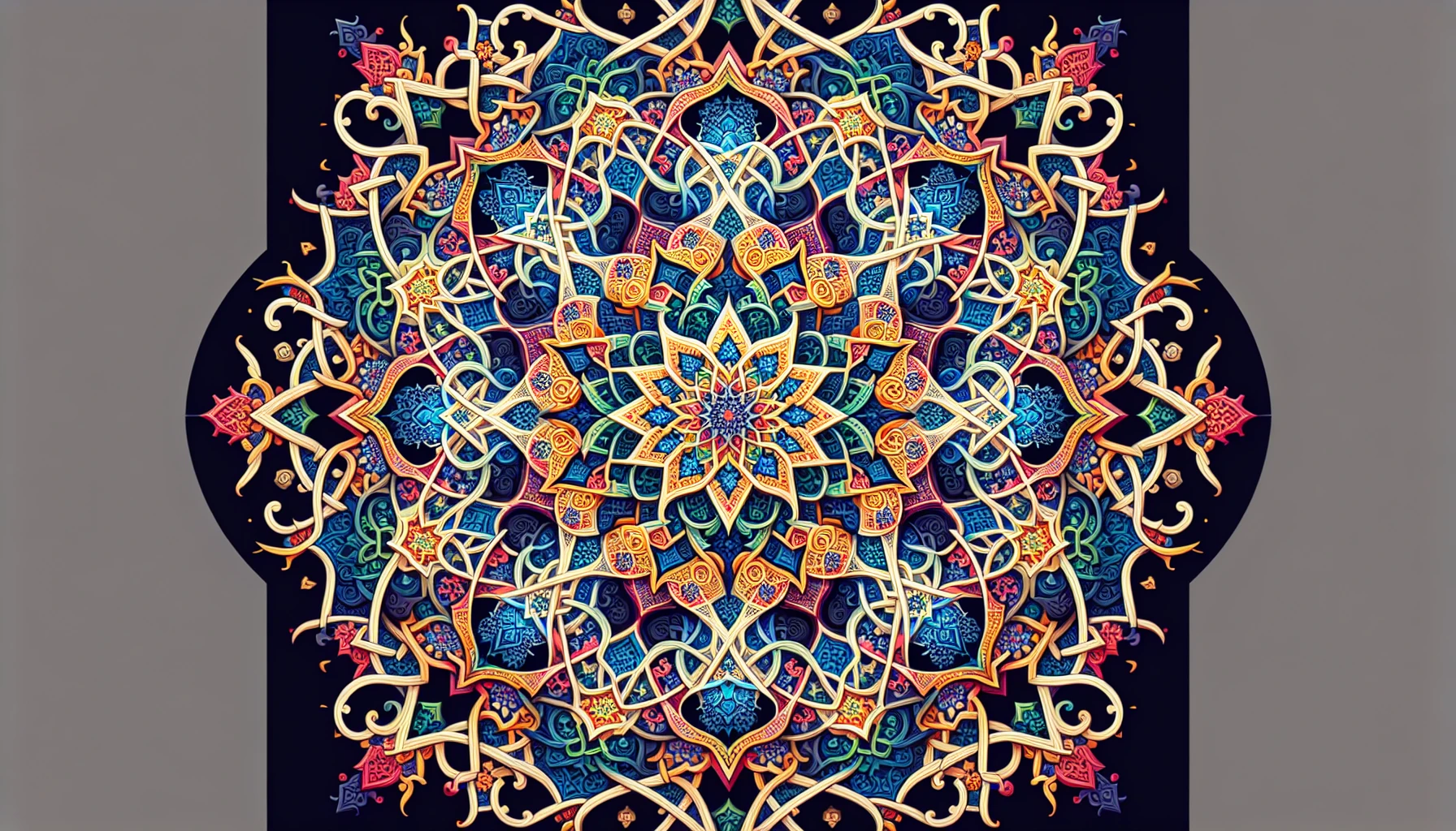 Create an intricate, mesmerizing piece of Islamic geometric art that showcases a seamless blend of interlocking patterns and vibrant colors. The design should feature a symphony of star shapes and intricate floral motifs, all radiating from a central point. Every detail should celebrate the beauty of symmetry and repetition, inviting the viewer to lose themselves in the complexity while embodying a sense of spiritual tranquility.