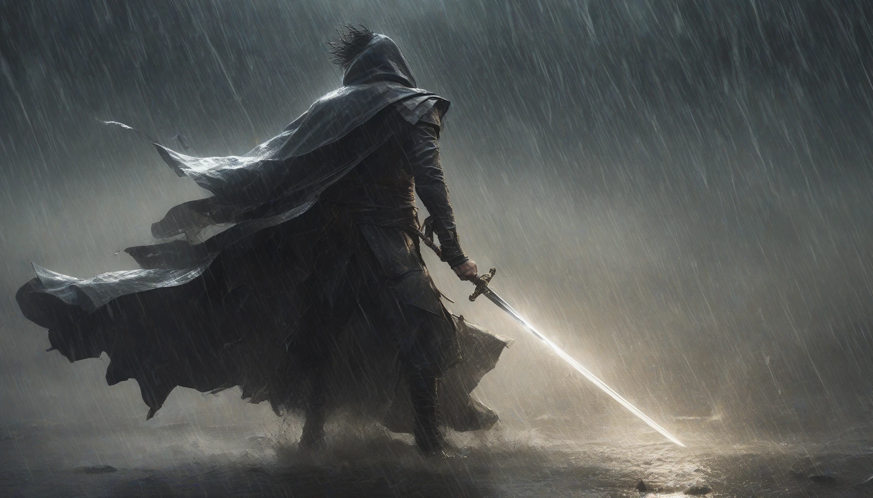 A fierce swordsman, clad in a tattered cloak, confronts his rival amidst a torrential downpour. Lightning flashes illuminate their determined faces, water splashing as their blades collide with a sharp clang. Raindrops dance in the air, creating a mystical atmosphere as the storm rages around them. The ground is slick and muddy, reflecting the intensity of their duel, while dark clouds loom overhead, enhancing the drama of the moment.