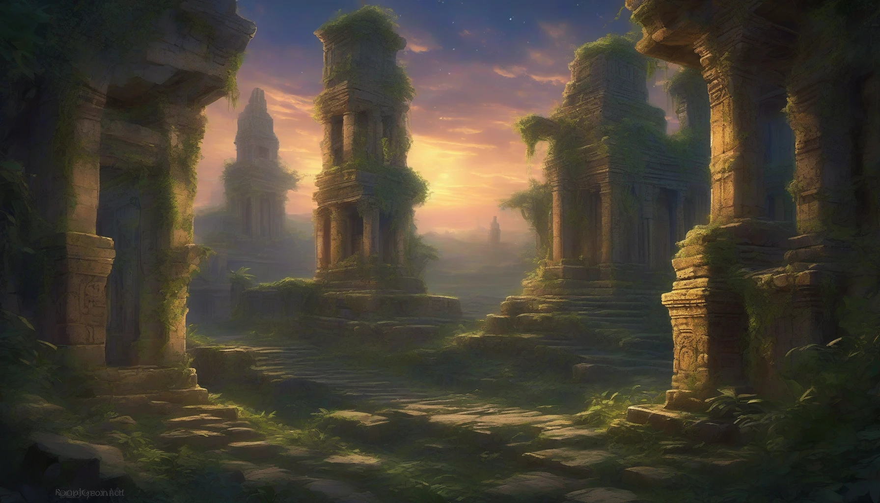 A breathtaking scene unfolds as ancient ruins, half-buried in lush overgrowth, radiate with a soft, mysterious glow. Swirling tendrils of luminescent energy escape from the crumbling stone, illuminating intricate carvings of a long-forgotten civilization. The twilight sky casts a surreal hue, enhancing the enchantment. Flickering lights dance through the air, inviting exploration and evoking a sense of wonder about the secrets these ruins hold.