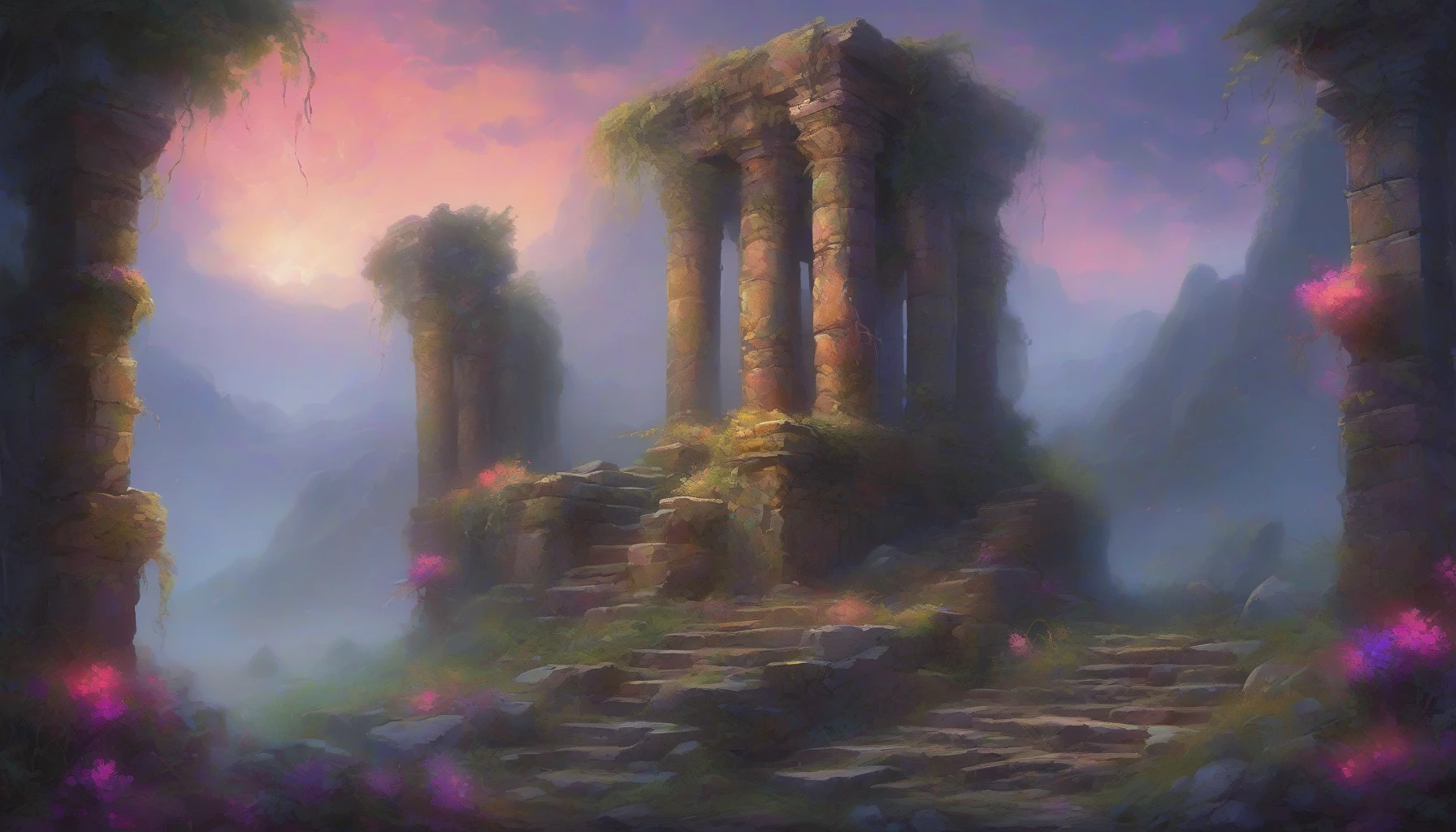 In a misty twilight landscape, ancient ruins rise majestically, their weathered stones adorned with glowing, otherworldly runes. Tangles of vibrant vines intertwine, pulsing with a mysterious energy that illuminates the surroundings. Wisps of fog curl around crumbled pillars, while soft, bioluminescent flora blooms in vibrant hues. The air hums with an enchanting melody, inviting explorers to uncover the secrets of a lost civilization.