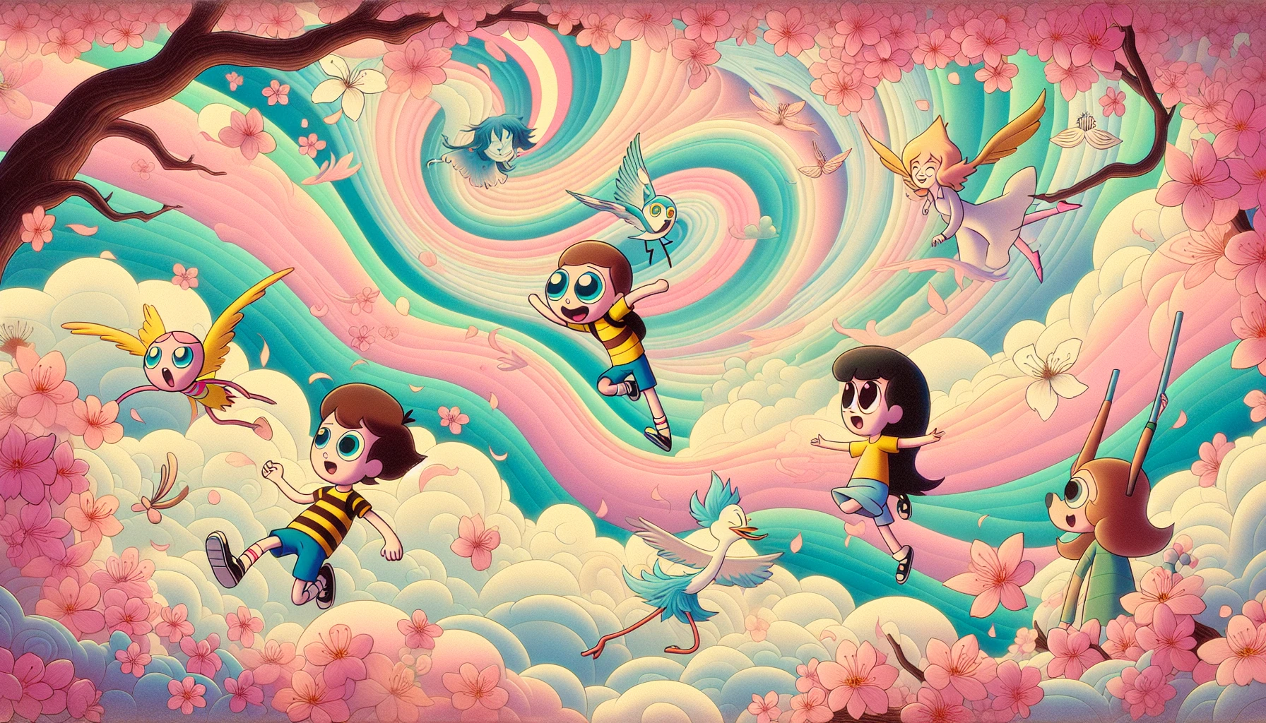 Imagine a scene where vintage anime characters come to life, adorned with vibrant colors and expressive eyes reminiscent of classic 80s animation. Layered with a soft film grain effect, this artwork immerses viewers in nostalgia, evoking a sense of warmth and familiarity. The background features swirling pastel skies and delicate cherry blossoms, while the characters engage in a whimsical adventure, bringing a perfect blend of nostalgia and artistry to the forefront.