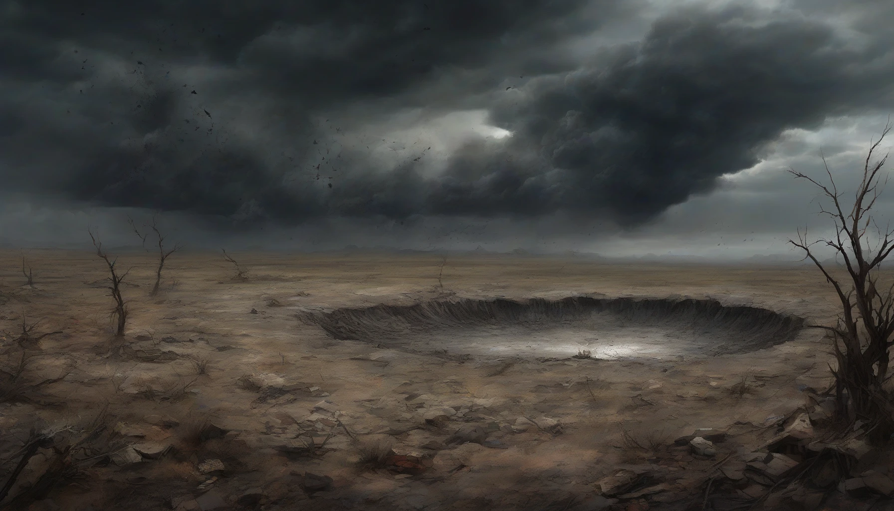 In a desolate landscape, a massive bomb crater dominates the scene, its jagged edges creating a haunting silhouette against a stormy sky. The surrounding earth is scarred and barren, with shattered debris strewn about, hinting at the chaos that once reigned. Delicate wildflowers stubbornly poke through the cracks, a symbol of resilience amidst devastation, while dark clouds loom overhead, casting an ominous shadow over the remnants of destruction.