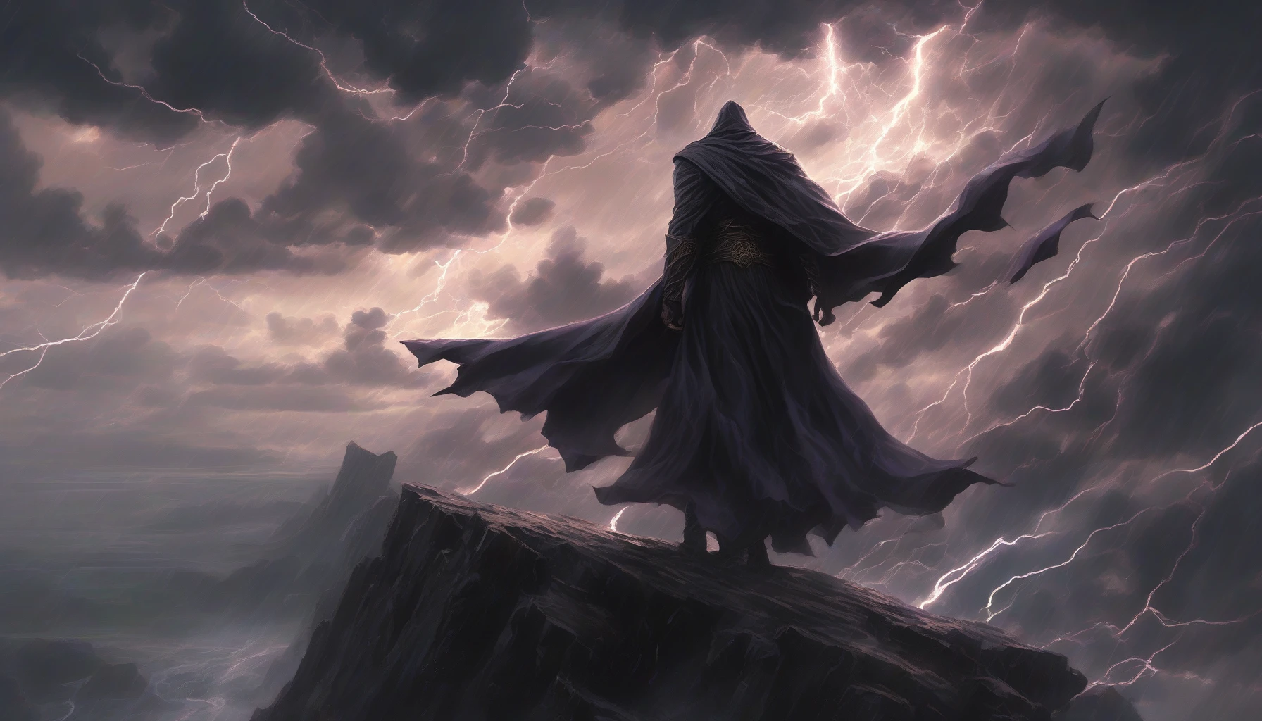 In a dramatic scene, a formidable villain stands atop a jagged cliff, cloaked in dark, billowing robes that ripple in the wind. With a fierce concentration, they unleash a massive shockwave, creating a swirling vortex of energy that distorts the surrounding landscape. The sky darkens with ominous clouds, and lightning crackles, illuminating their menacing grin. Nearby trees bend violently, and debris flies through the air, amplifying the sheer power of their malevolent force.