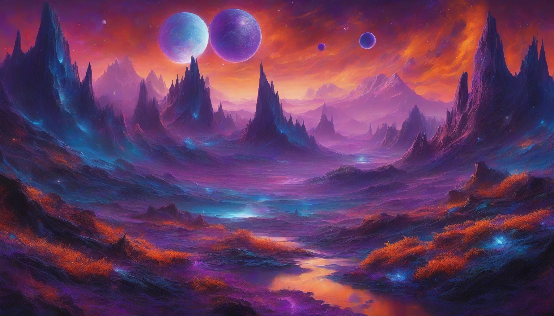 Imagine a surreal alien landscape where a vibrant purple sky swirls with cosmic hues. Below, a unique planet boasts jagged mountains and glowing flora, casting an ethereal light. Three distinct moons hover above, each radiating their own captivating colors—one shimmering silver, another deep blue, and the last a vivid orange. The scene invites viewers to explore this otherworldly realm filled with mystery and wonder.