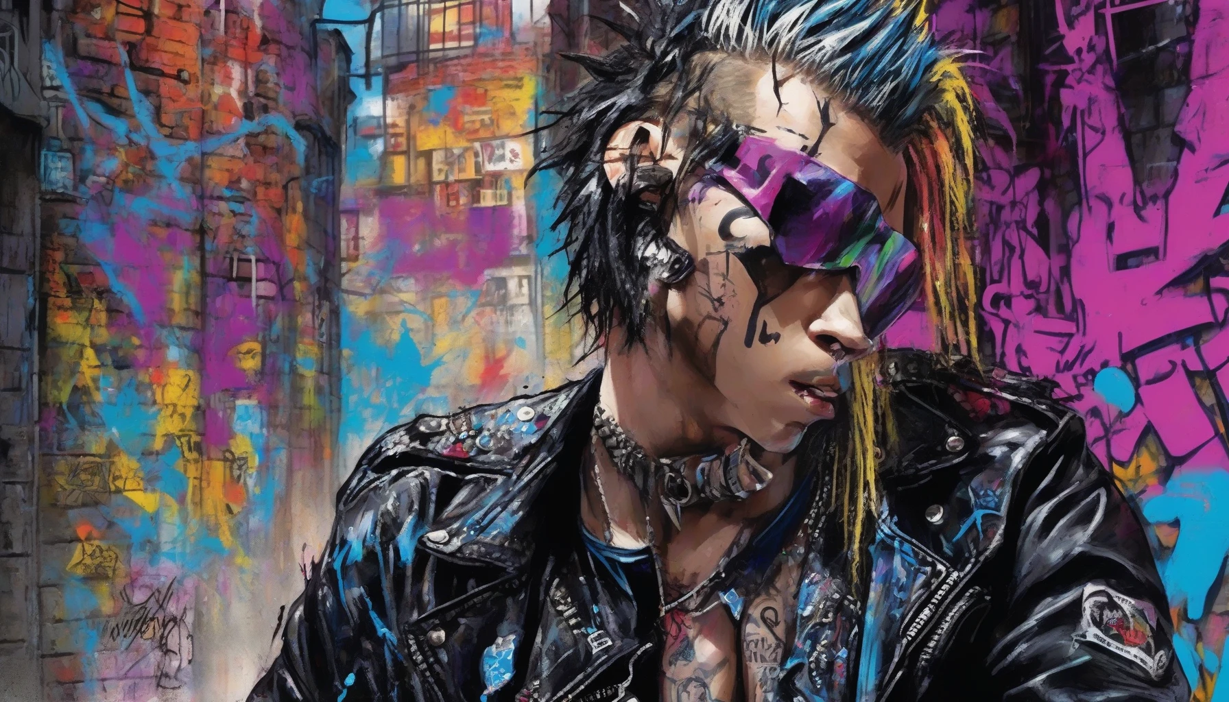 Visualize a fierce punk rocker standing in an urban alleyway, illuminated by vibrant neon lights. His hair spikes upward in an explosive display of color—electric blue and vivid purple blend together, catching the light. He dons a black leather jacket adorned with studs and patches, while torn jeans complete the rebellious look. The atmosphere is edgy, with graffiti art on brick walls, encapsulating the raw energy of punk culture.