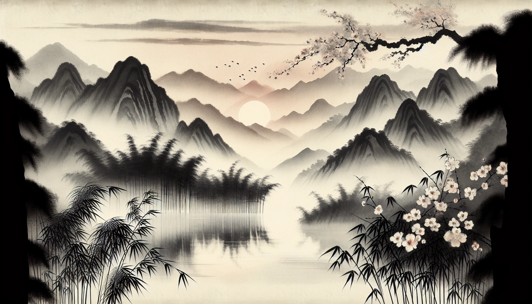 Capture the essence of a serene landscape through the delicate strokes of traditional Chinese ink painting. Visualize misty mountains in the background, fading into a soft watercolor sky, while splashes of black ink depict graceful bamboo and vibrant cherry blossoms. The tranquility of a serene river reflects this beauty, inviting viewers into a peaceful world where nature and artistry intertwine seamlessly.