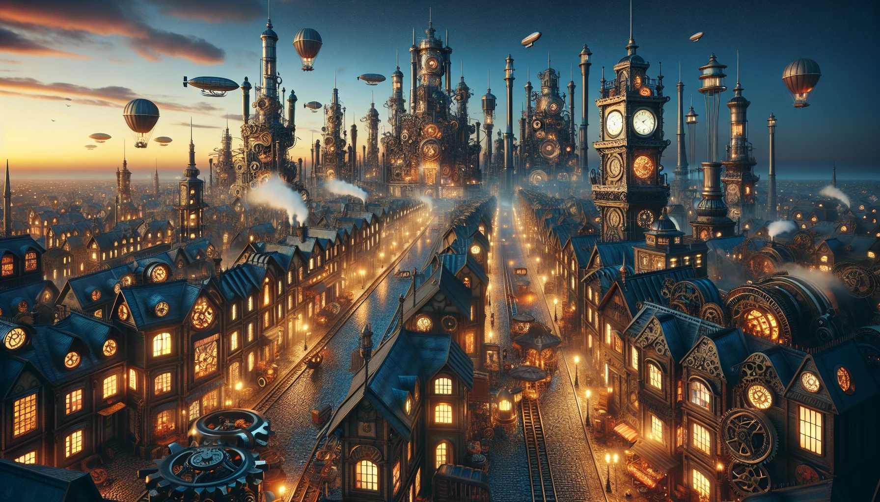 Imagine a sprawling steampunk city where intricate clockwork towers rise majestically against a twilight sky. Gears and cogs whir in harmony, with steam billowing from ornate chimneys. Cobblestone streets are lined with Victorian-style buildings adorned with brass accents and flickering gas lamps. Airships float gracefully overhead, and bustling market stalls offer curious inventions, creating a vibrant tapestry of innovation and nostalgia in a dreamlike atmosphere.