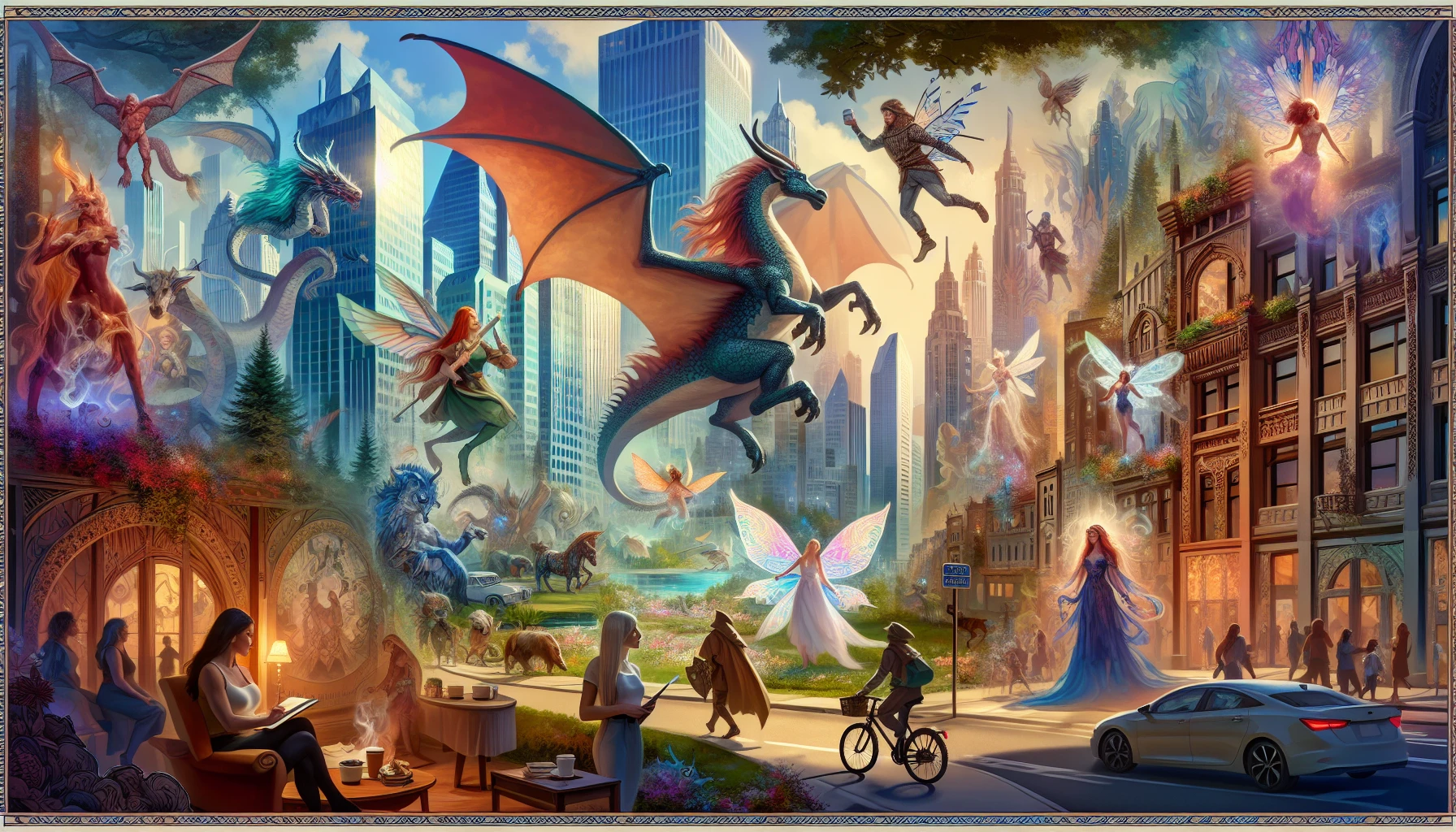 Imagine a bustling urban landscape where mythical creatures seamlessly blend with everyday life. Majestic dragons soar alongside skyscrapers, their scales glimmering in the sunlight, while elves stroll through parks, their ethereal presence enchanting passersby. A centaur delivers coffee on a bicycle, and fairies illuminate street lamps with their delicate wings. This vibrant scene captures the essence of coexistence, bridging the fantastical and the mundane in a colorful tapestry of life.