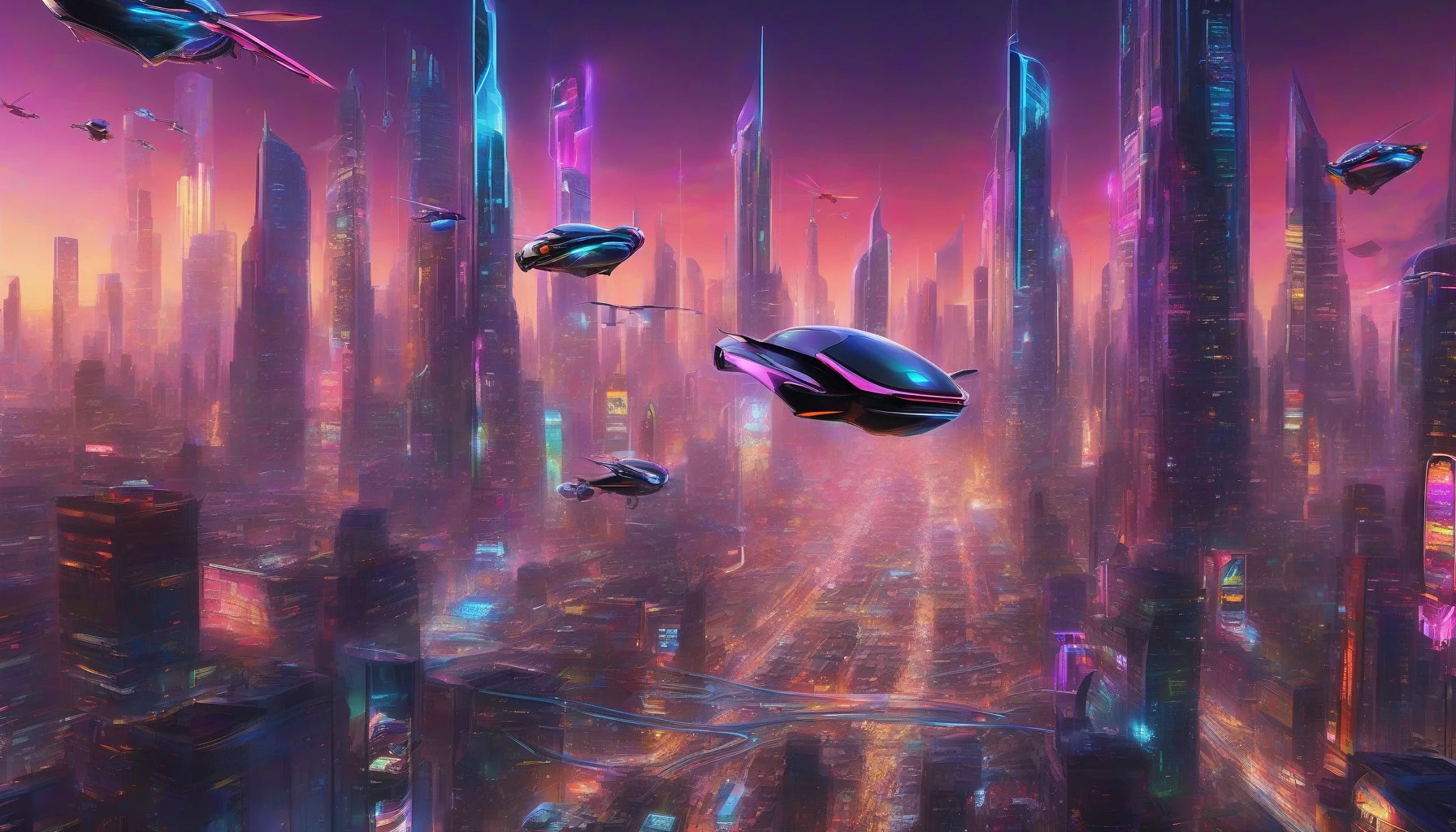 A vibrant, bustling metropolis brimming with towering skyscrapers, their glass facades shimmering under a neon-lit sky. Sleek, aerodynamic flying cars zip through the air, leaving shimmering trails behind them. Below, a diverse crowd roams the streets, illuminated billboards casting colorful reflections on the pavement. Hovering drones zip by, enhancing the technological landscape, while lush green spaces blend harmoniously with the urban setting, creating a perfect balance of nature and innovation.