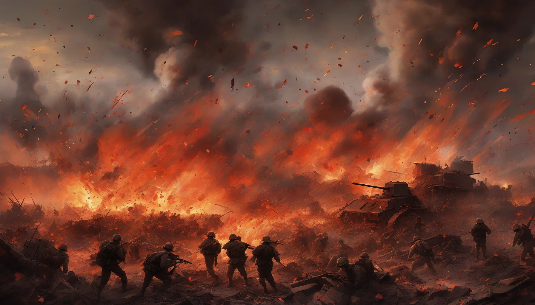 A dramatic scene unfolds on a war-torn battlefield, where a massive explosion erupts, illuminating the night sky with fiery reds and oranges. Shattered debris flies through the air, casting long shadows over weary soldiers who brace themselves against the shockwave. The smoke curls upwards, blending with the chaos of battle—artillery shells and distant gunfire create a cacophony that echoes the intensity of conflict and survival.