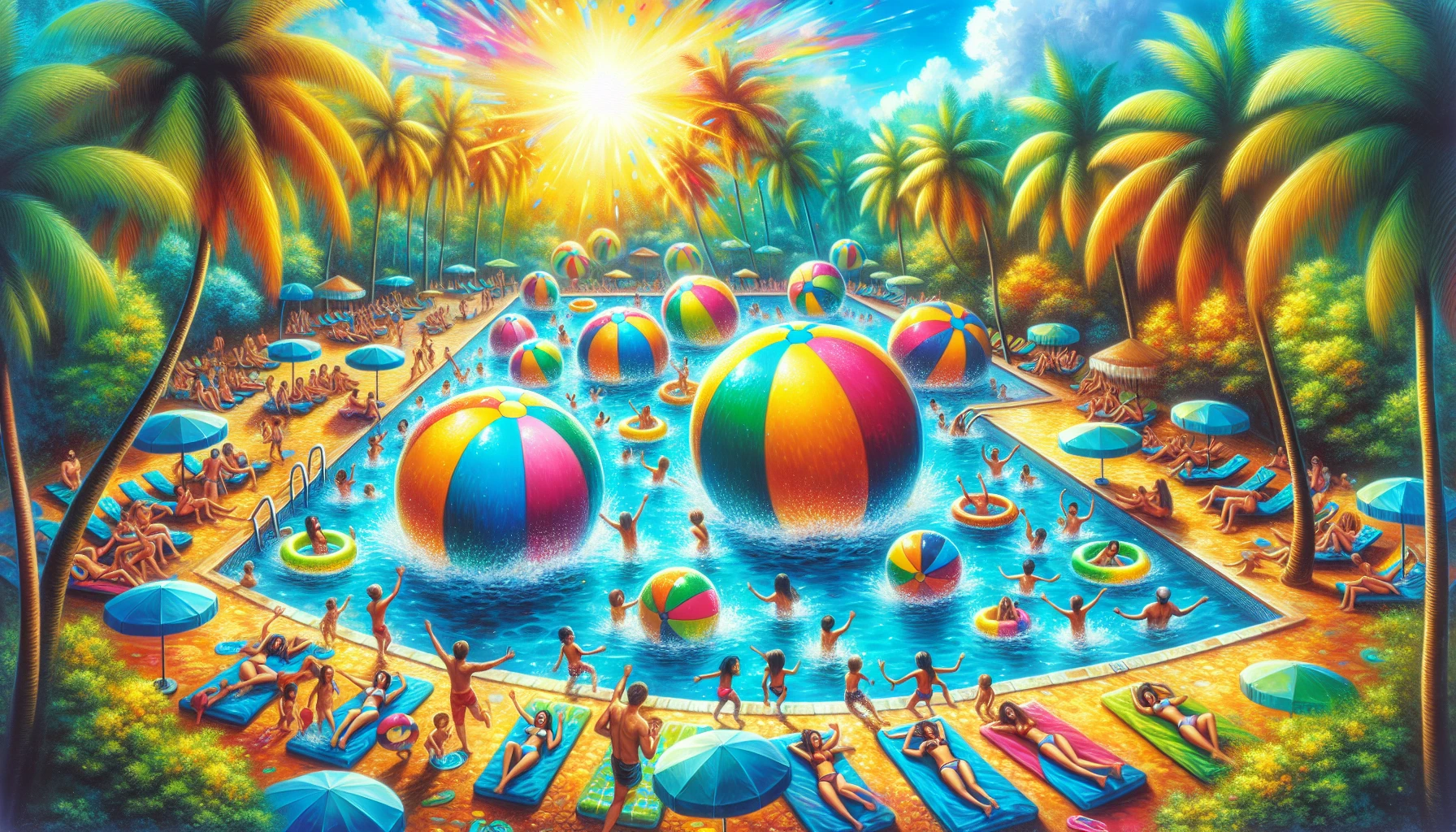 Imagine a vibrant scene where oversized, colorful inflatable toys float on a crystal-clear pool. Lush, tropical palm trees sway gently in the background, dotted with sunbathers lounging on oversized beach towels. Children splash joyfully, their laughter echoing as they chase after a giant beach ball. The sun casts warm, golden rays on this idyllic paradise, creating a whimsical atmosphere full of carefree joy and relaxation.