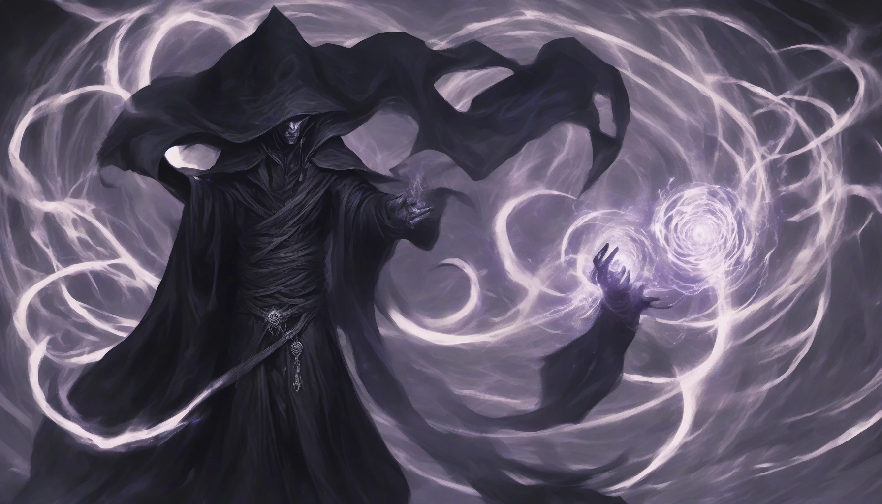 In a swirling vortex of shadows, a foreboding dark mage stands, cloaked in billowing robes that seem to absorb light. Arcane symbols pulsate ominously around him as he gestures, summoning twisted, shadowy creatures that writhe and emerge from the depths of darkness. Their glistening eyes pierce the gloom, while eerie whispers fill the air, creating an atmosphere thick with malevolence and raw power.