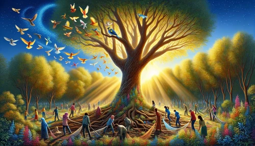 Imagine a serene forest scene bathed in golden sunlight, where a majestic tree stands tall, its roots intertwined with vibrant flowers and lush greenery. Birds soar above, their colorful feathers contrasting against the bright blue sky. In the foreground, a diverse group of people of different ages and ethnicities gather, holding hands while engaging in a clean-up activity, symbolizing unity and commitment to protecting the environment.