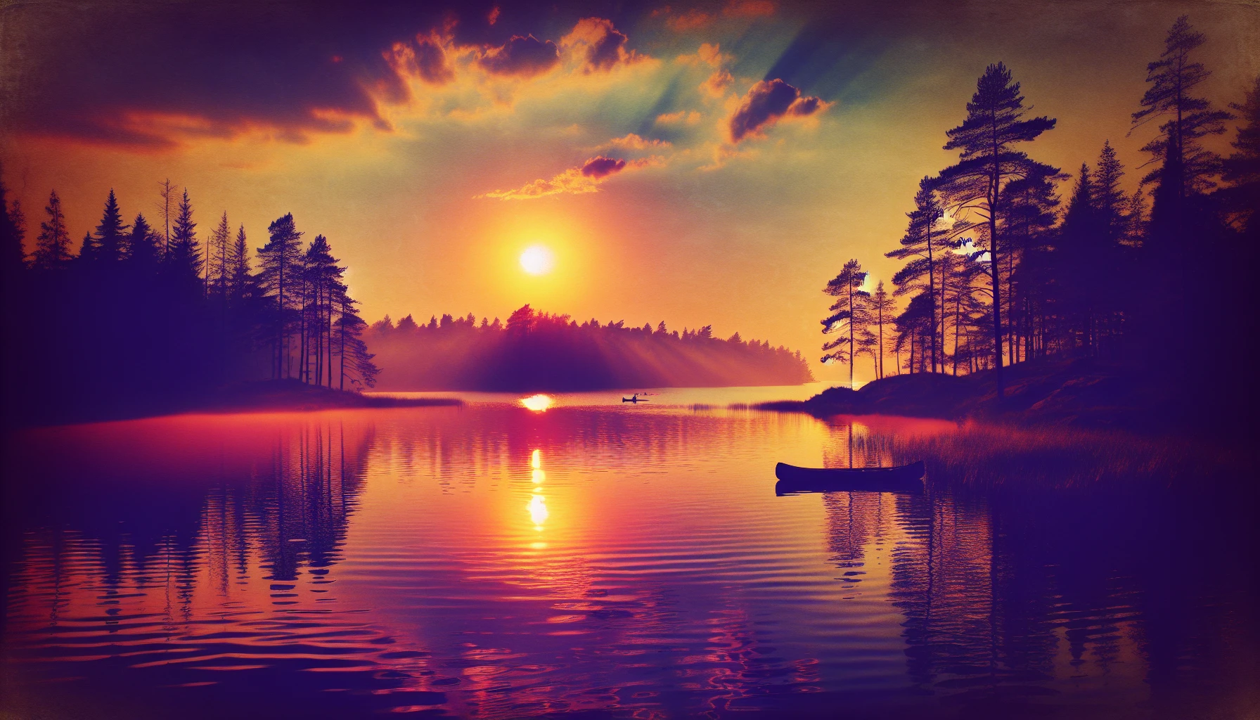 Capture a breathtaking scene where the sun gently descends, casting a warm golden hue across a serene lake. Silhouettes of tall pine trees frame the horizon, while soft ripples shimmer in the fading light. A solitary canoe drifts lazily, reflecting the vibrant oranges and purples of the sky. Wispy clouds dance above, creating a dreamlike atmosphere that invites tranquility and contemplation.