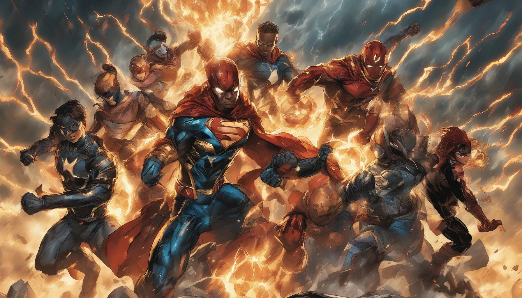 In a dynamic scene, a diverse team of superheroes stands united, striking powerful poses against a stormy backdrop. Each hero showcases their unique abilities and armor, from a blazing fire-wielder to a stealthy shadow manipulator. Lightning crackles above, illuminating their fierce expressions and symbolizing their unwavering determination. A swirling vortex of energy surrounds them, emphasizing their strength and camaraderie as they prepare to face an impending threat.