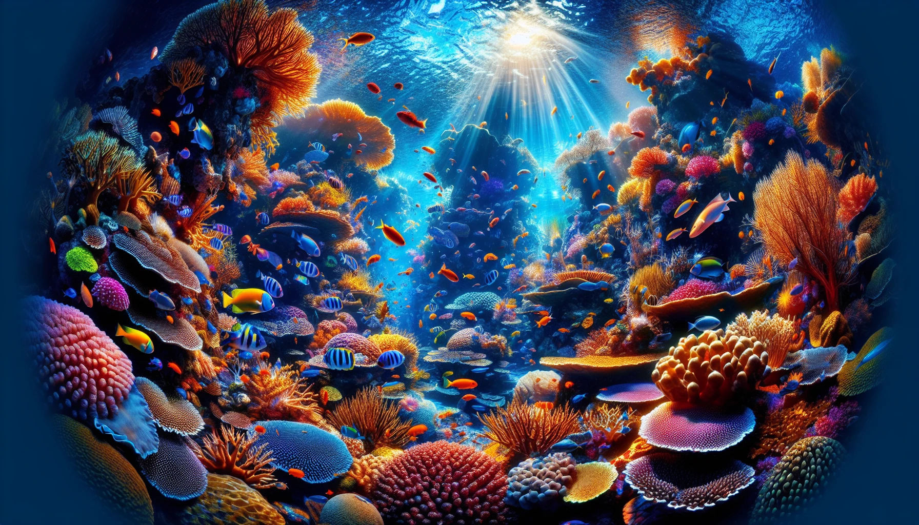 Dive into a vibrant underwater world where a thriving coral reef teems with life. Brilliantly colored fish dart through intricate coral formations, their scales glinting in shafts of sunlight. The scene bursts with hues of orange, blue, and yellow, creating a mesmerizing tapestry of movement and color. Tiny sea creatures weave among the coral, bringing the ecosystem to life in this aquatic haven of beauty and harmony.