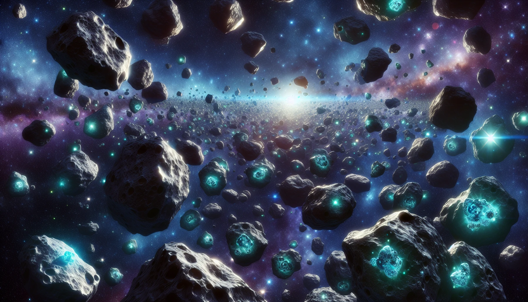 Imagine a breathtaking cosmic scene where a vast asteroid field sprawls across the canvas, each rock varying in shape and size, their rugged surfaces glistening under the starlit sky. Intermixed are glowing minerals, casting an ethereal light in vibrant hues of blue, green, and violet. The shimmering minerals illuminate the dark void of space, creating a stunning contrast, while distant stars twinkle like diamonds scattered in the universe.