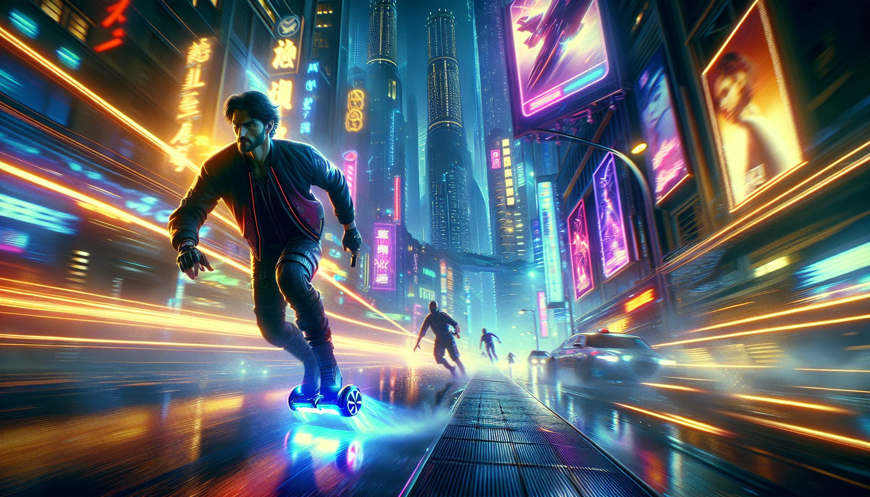 Picture a vibrant urban landscape as a neon-lit cityscape blurs past, where adrenaline takes center stage. A daring protagonist zips through the streets on a sleek hoverboard, weaving between towering skyscrapers and flashing billboards. The atmosphere crackles with energy as rival hoverboarders pursue in a thrilling cat-and-mouse game, leaving trails of light and color in their wake. Feel the rush as gravity-defying stunts unfold in this pulse-pounding adventure.