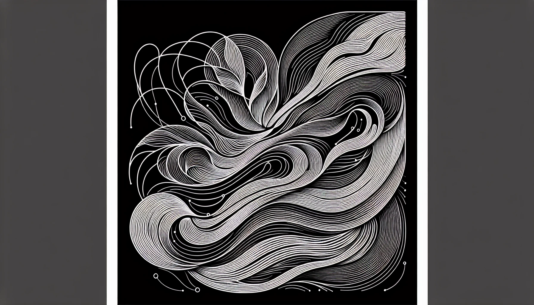 Create a striking piece of art that features a seamless blend of minimalist black-and-white line art. Visualize delicate, flowing lines that form intricate shapes and patterns, evoking a sense of calm and simplicity. The composition should focus on negative space, allowing the viewer's imagination to fill in the details. Each stroke should tell a story, inviting contemplation and appreciation for the beauty of minimalism.