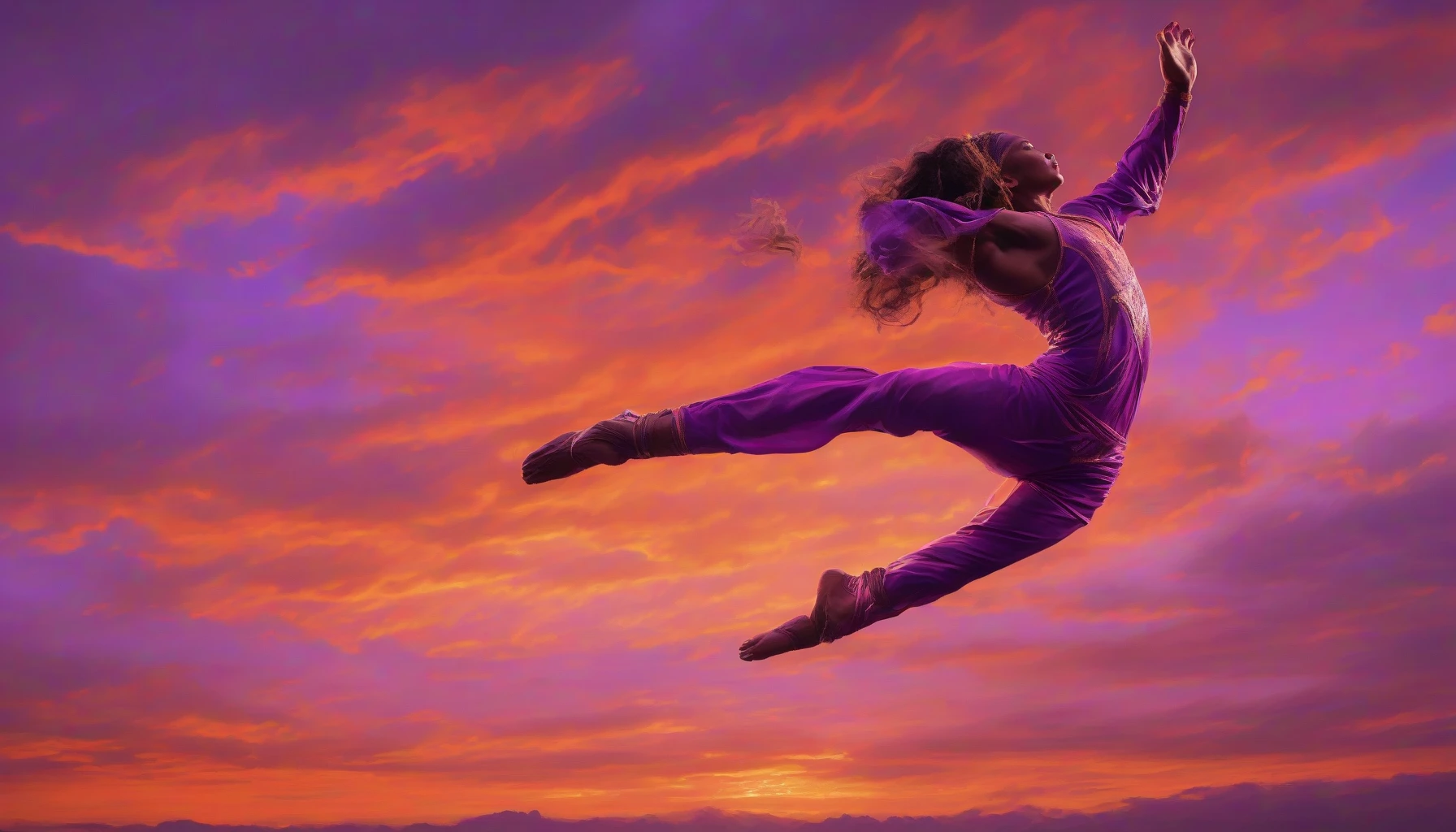 Capture the moment of a daring character mid-air, executing a breathtaking acrobatic flip against a vibrant sunset backdrop. The figure's muscles are defined, showcasing strength and grace, while their flowing attire billows dramatically. Below, a cheering crowd watches in awe, creating a sense of excitement and anticipation. The sky is painted in hues of orange and purple, adding a magical quality to this incredible spectacle of skill and courage.